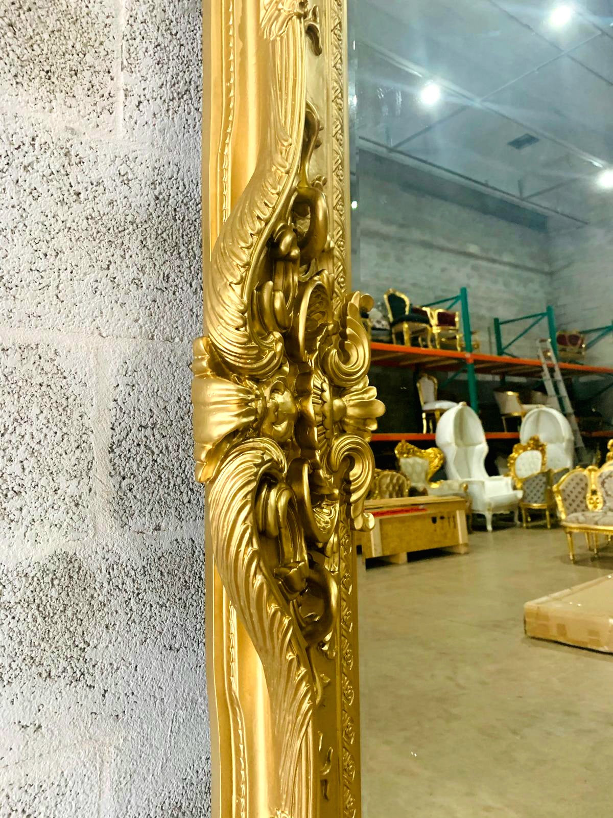 Vintage French Style Baroque Wall Mirror – 7.5 ft Tall Statement Mirror in Antique Gold Leaf