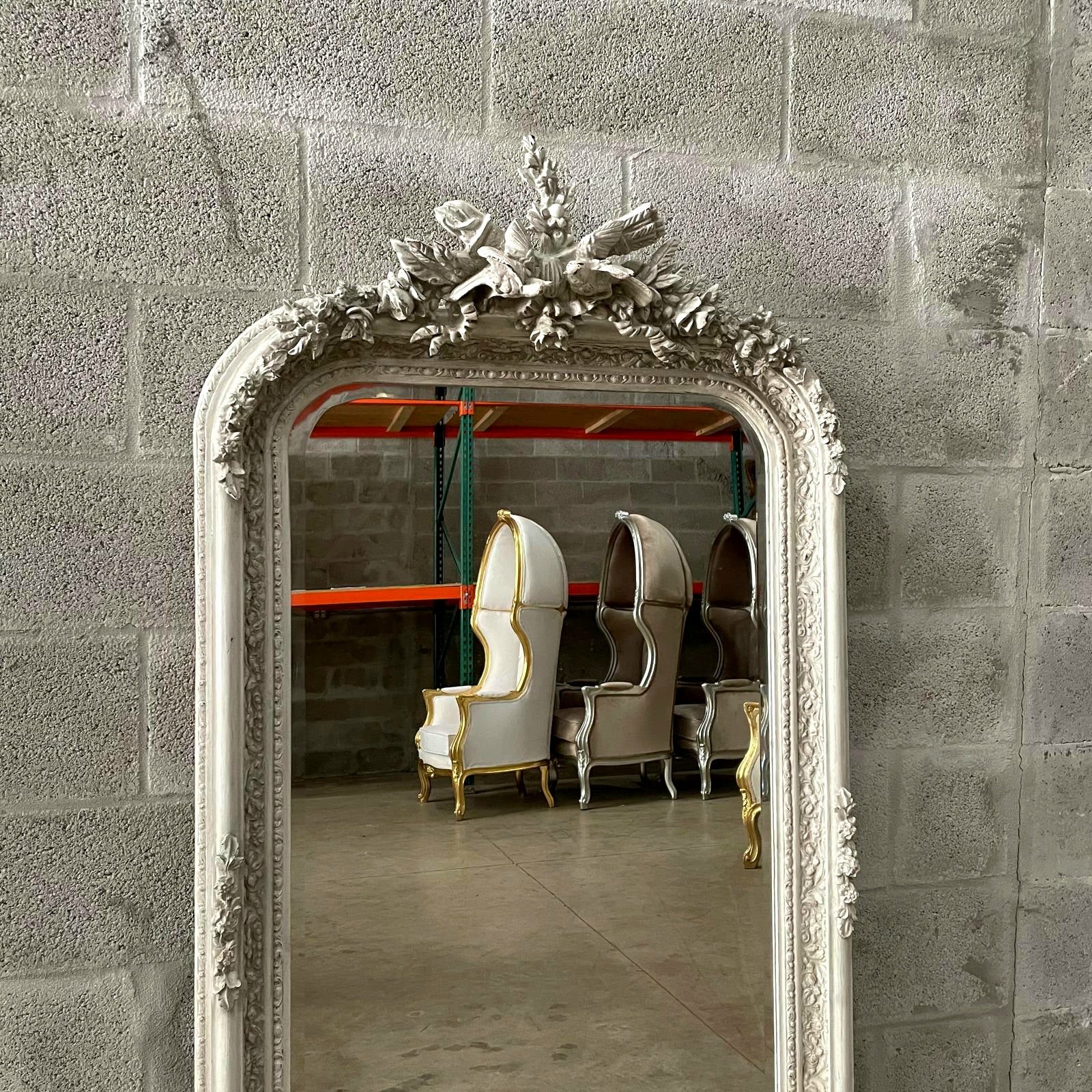 French Style Floor Mirror – 5 ft Tall Statement Mirror in Light Bone Gray Finish