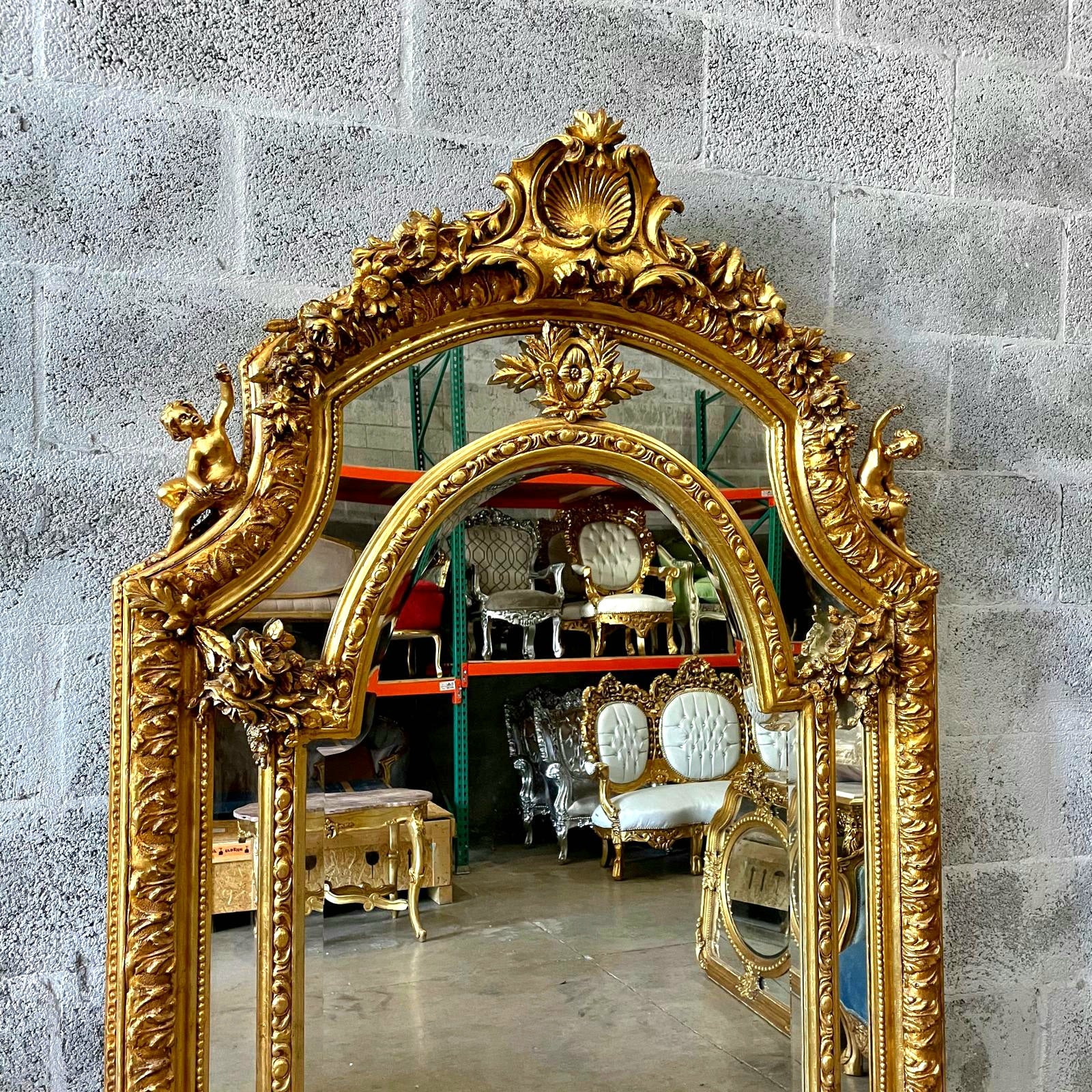 Baroque Rococo Floor Mirror – Gold Leaf Finish with Angel Carvings, 6.6 ft Tall Statement Mirror
