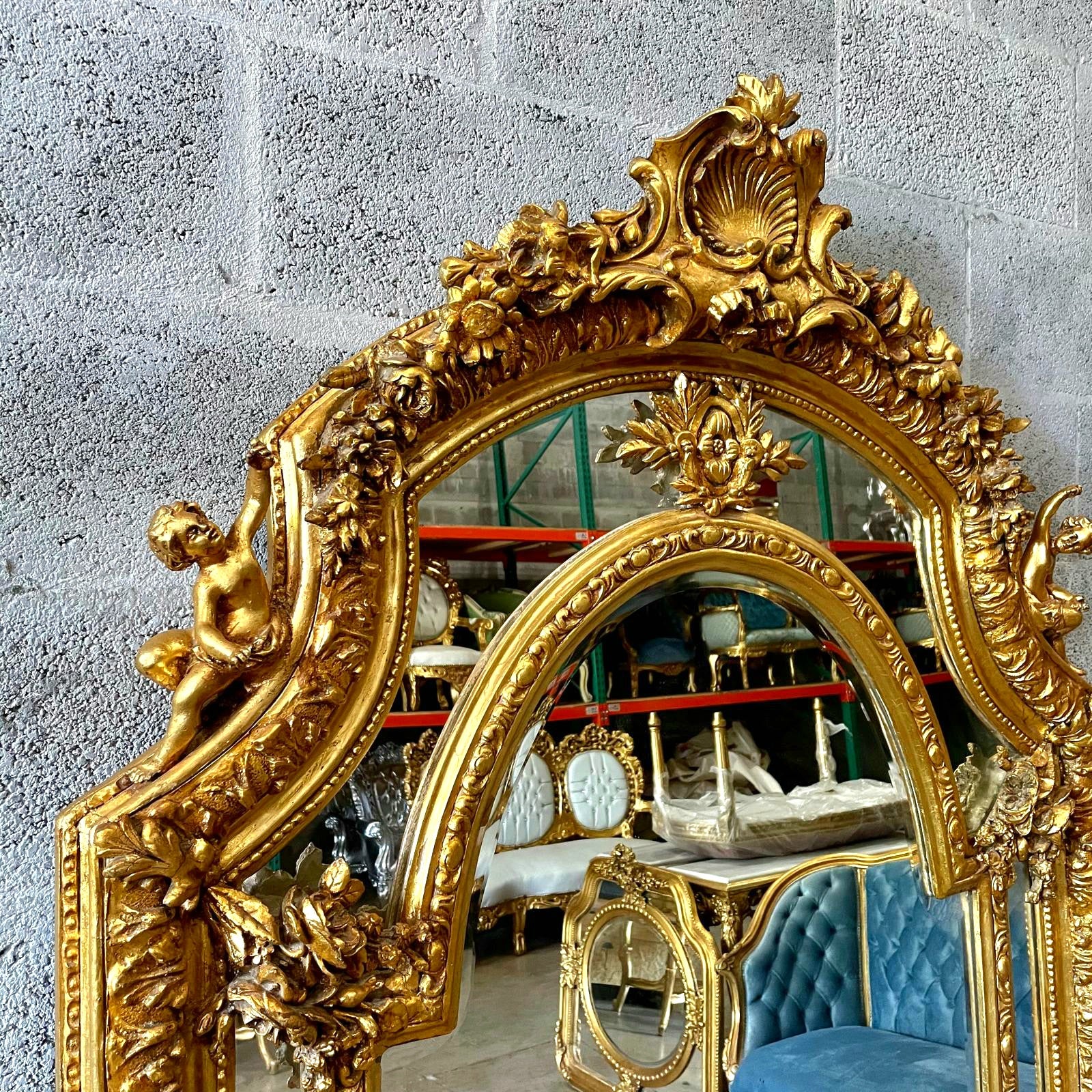 Baroque Rococo Floor Mirror – Gold Leaf Finish with Angel Carvings, 6.6 ft Tall Statement Mirror