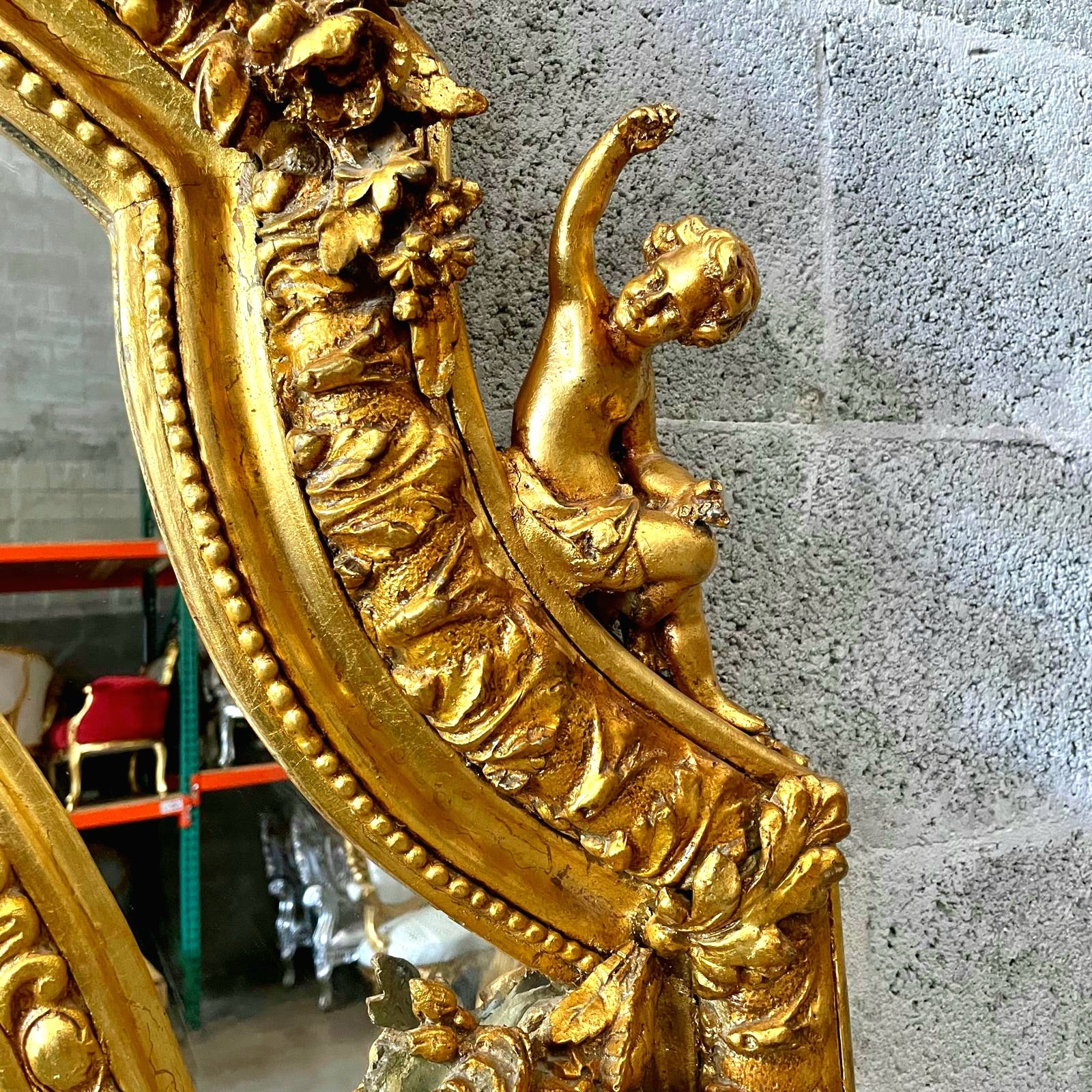 Baroque Rococo Floor Mirror – Gold Leaf Finish with Angel Carvings, 6.6 ft Tall Statement Mirror
