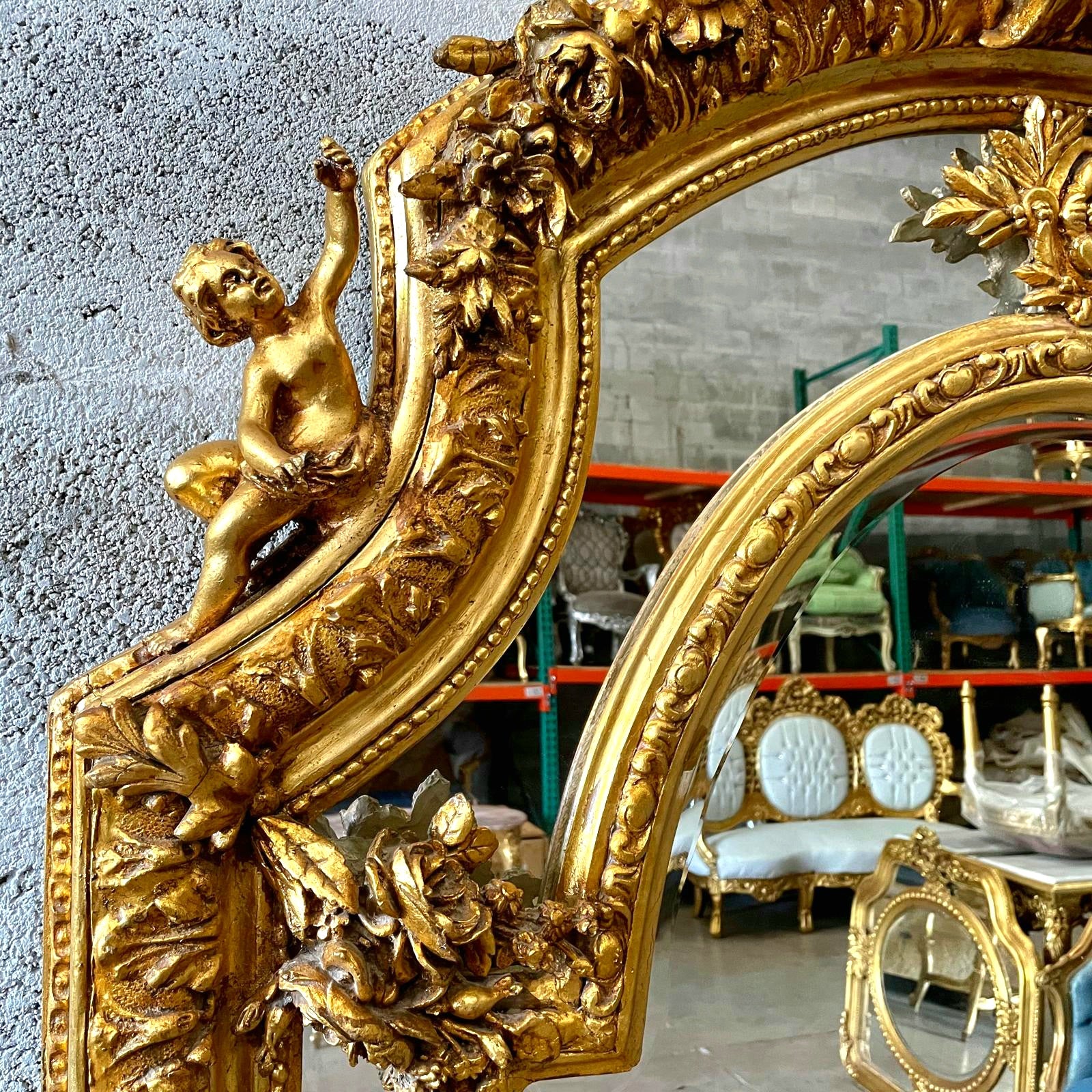 Baroque Rococo Floor Mirror – Gold Leaf Finish with Angel Carvings, 6.6 ft Tall Statement Mirror