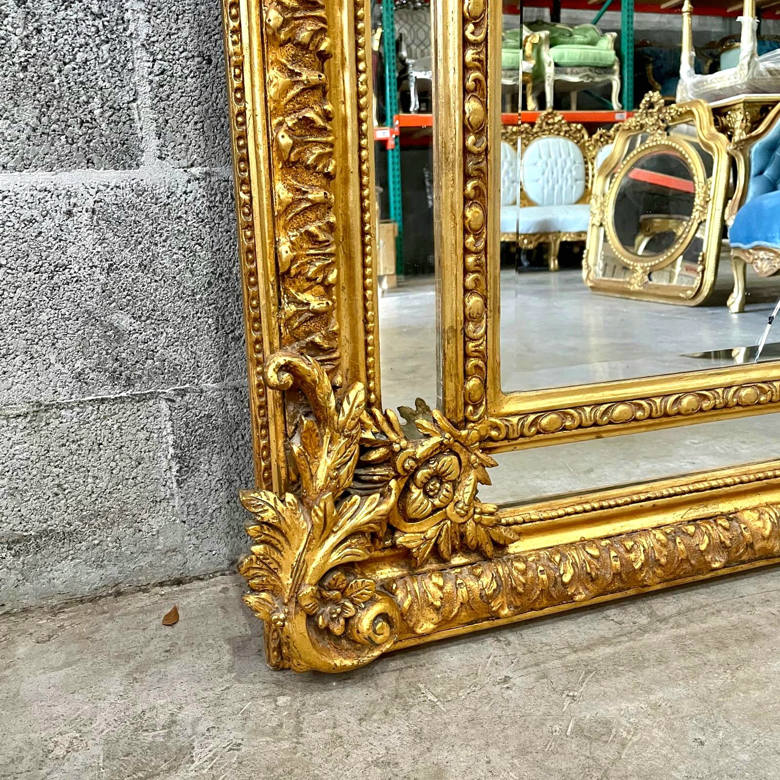 Baroque Rococo Floor Mirror – Gold Leaf Finish with Angel Carvings, 6.6 ft Tall Statement Mirror