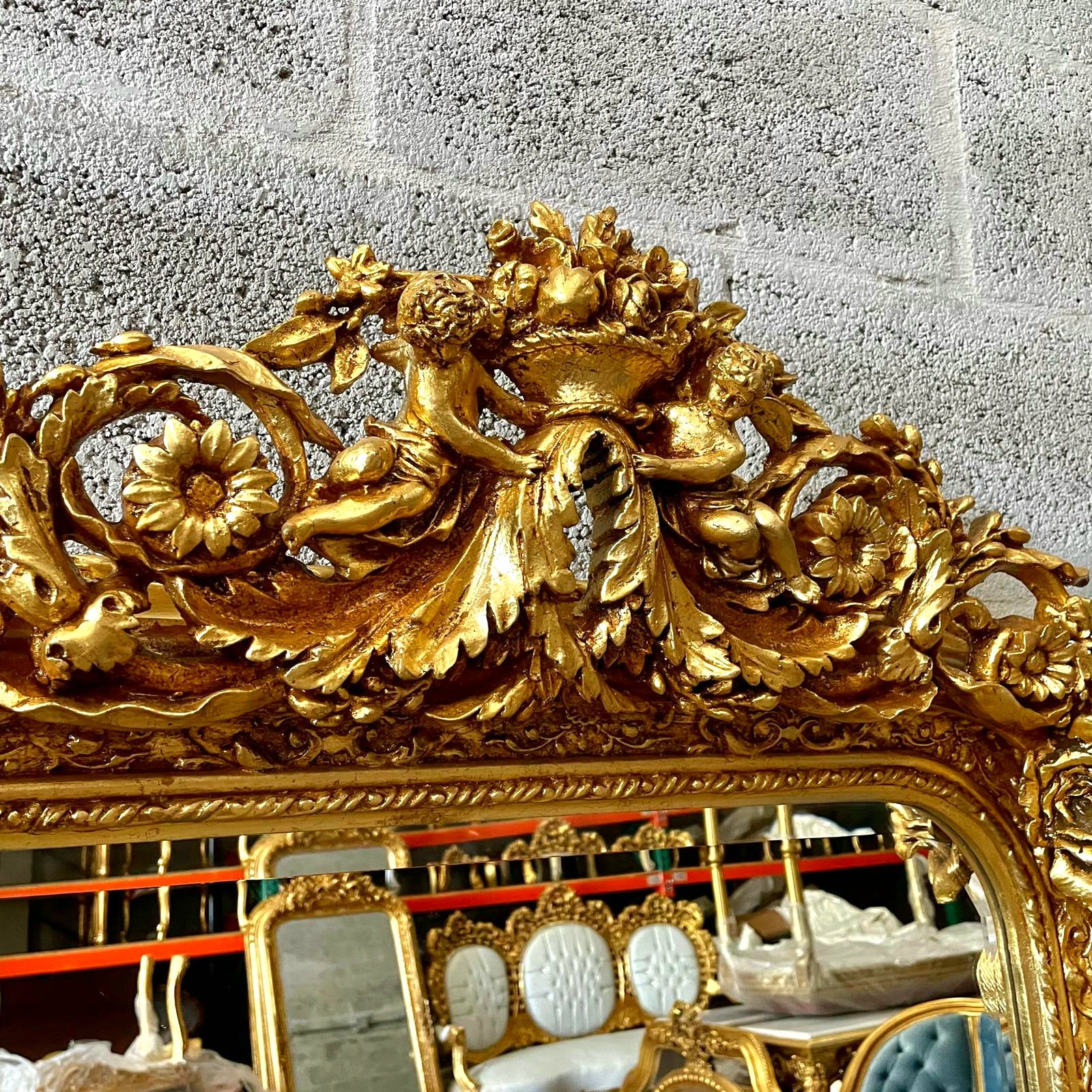 French Style Gold Floral Floor Mirror – 5 ft Tall Statement Mirror with Gold Leaf and Angel Details