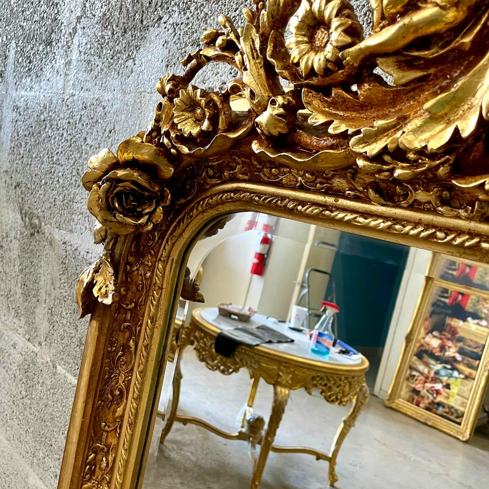 French Style Gold Floral Floor Mirror – 5 ft Tall Statement Mirror with Gold Leaf and Angel Details