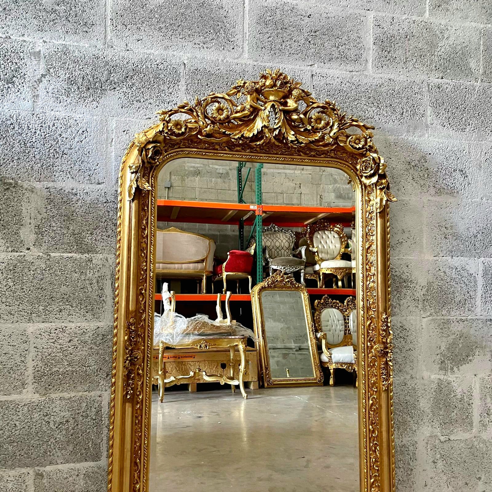 French Style Gold Floral Floor Mirror – 5 ft Tall Statement Mirror with Gold Leaf and Angel Details