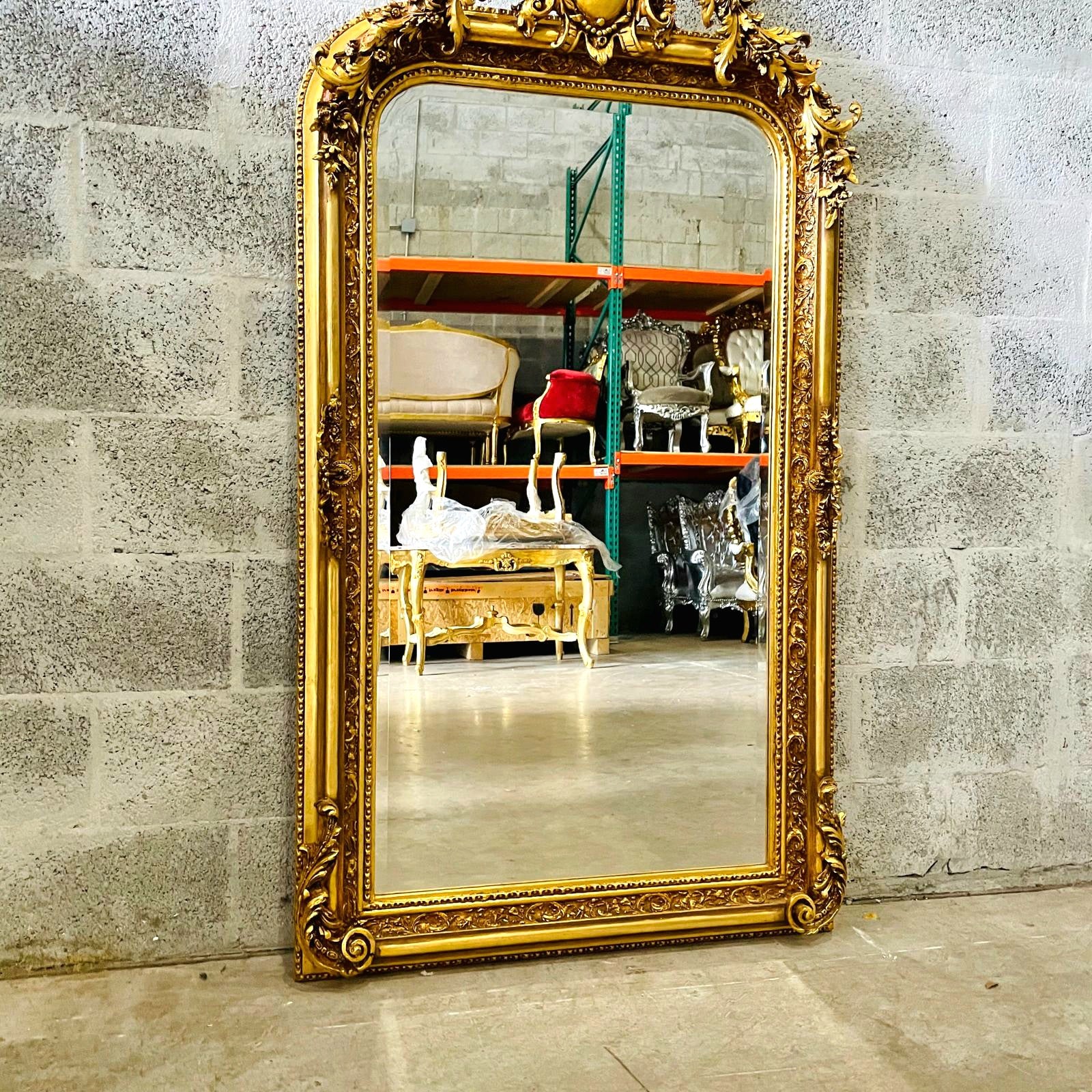 French Style Gold Floor Mirror – 5 ft Tall Statement Mirror with Ornate Gold Leaf Frame