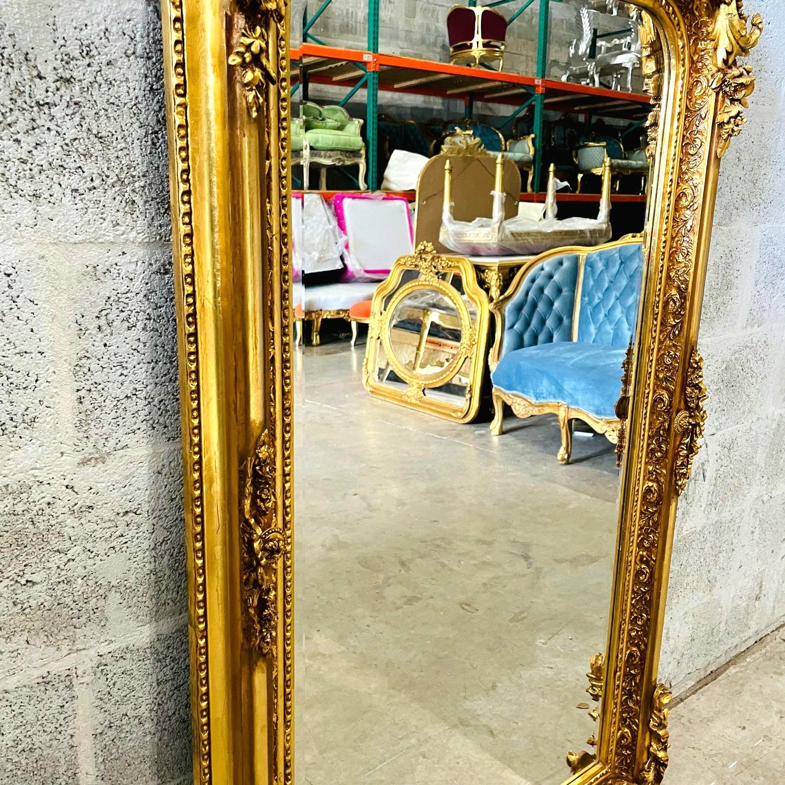 French Style Gold Floor Mirror – 5 ft Tall Statement Mirror with Ornate Gold Leaf Frame
