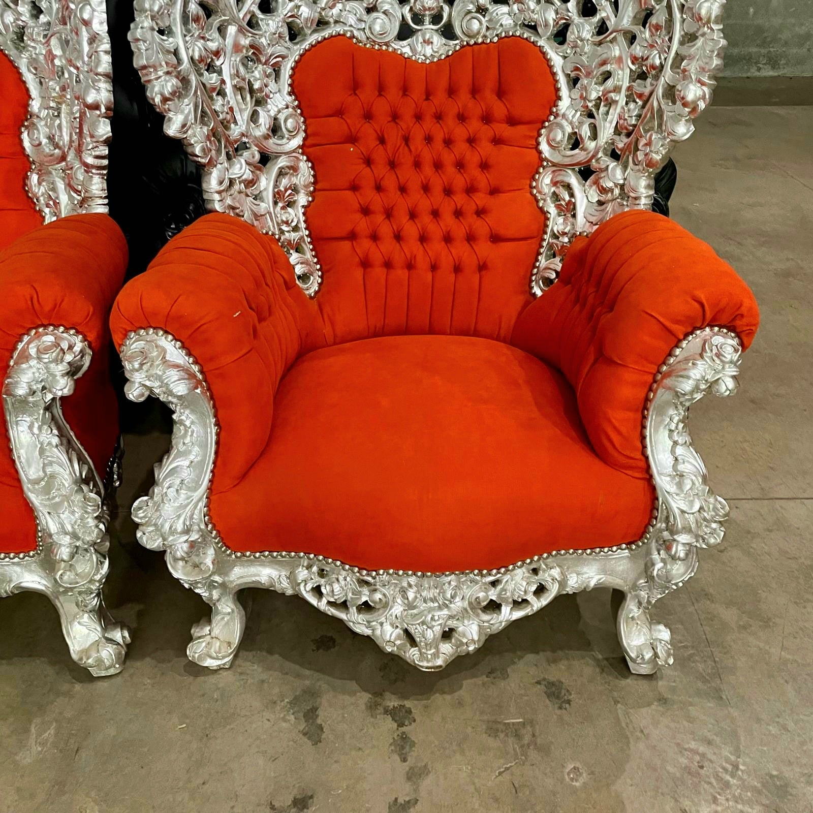 Rococo Style Throne Chair – Orange Velvet Upholstery with Silver Leaf Hand-Carved Frame