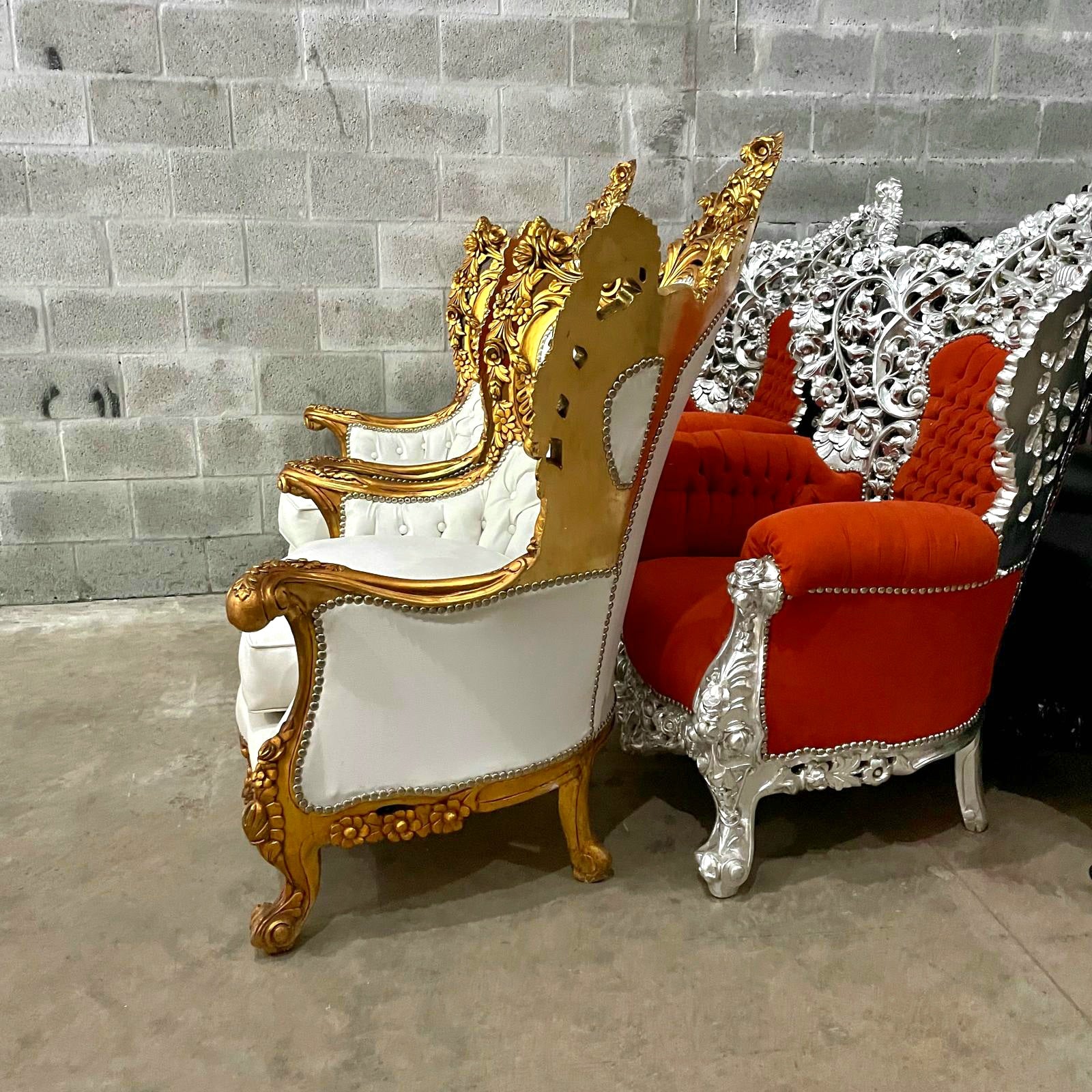 Rococo Style Throne Chair – Orange Velvet Upholstery with Silver Leaf Hand-Carved Frame