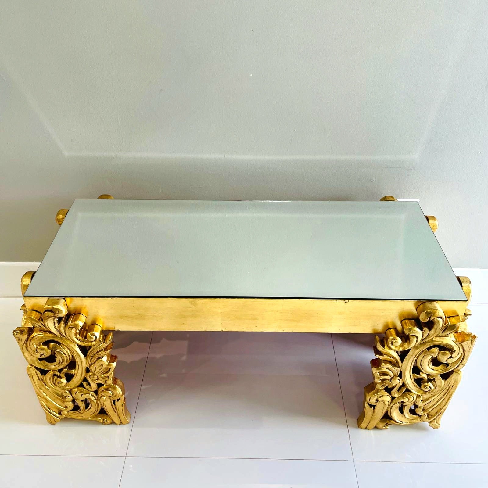 French Louis XVI Style Gold Coffee Table – Marble Top Center Table, 18.5"H x 43.5"W x 26.5"D