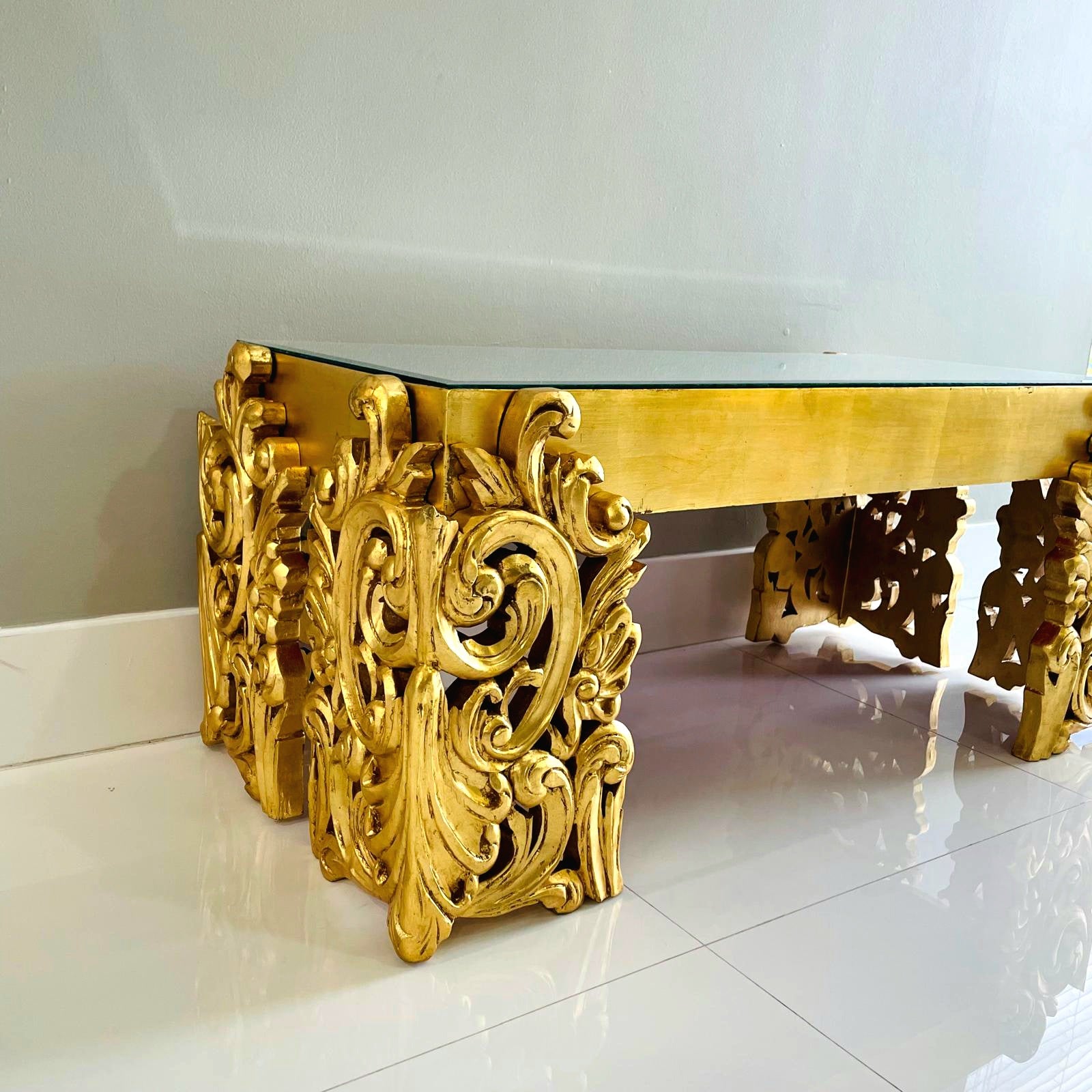 French Louis XVI Style Gold Coffee Table – Marble Top Center Table, 18.5"H x 43.5"W x 26.5"D