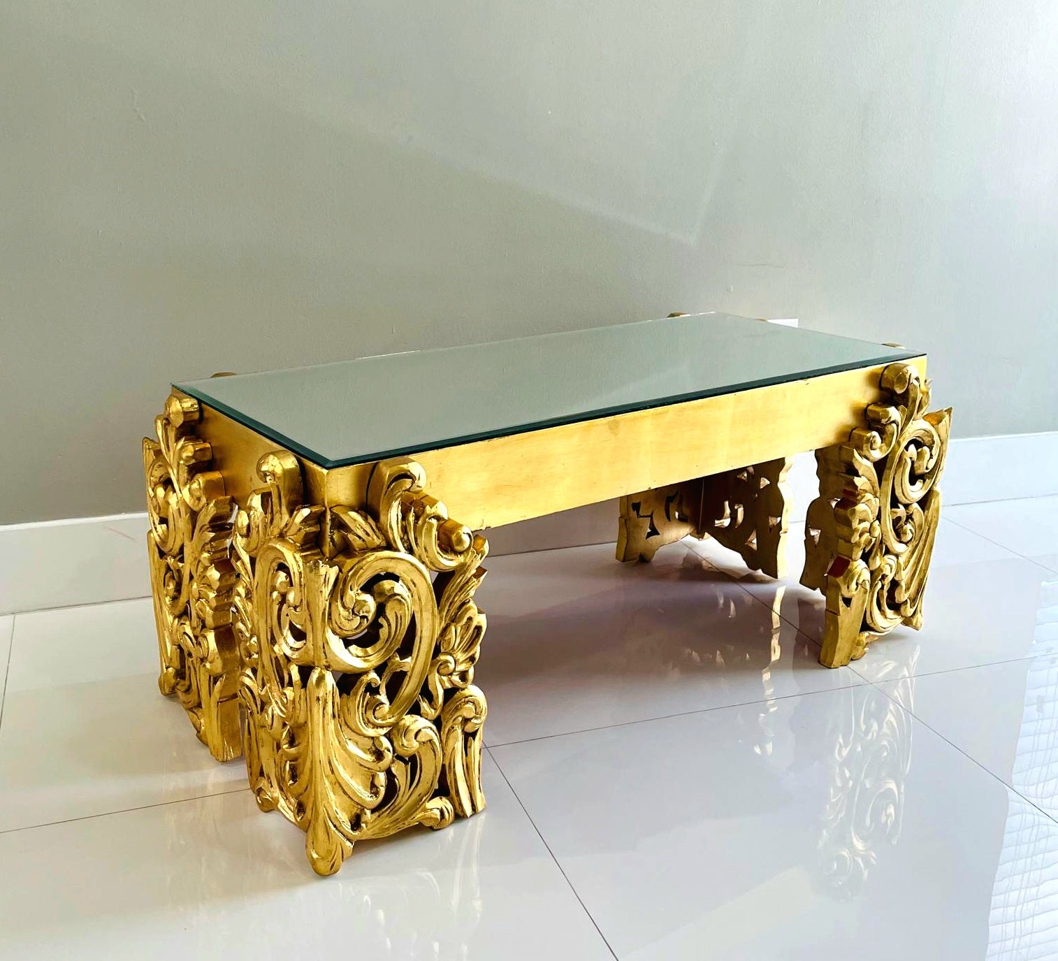 French Louis XVI Style Gold Coffee Table – Marble Top Center Table, 18.5"H x 43.5"W x 26.5"D