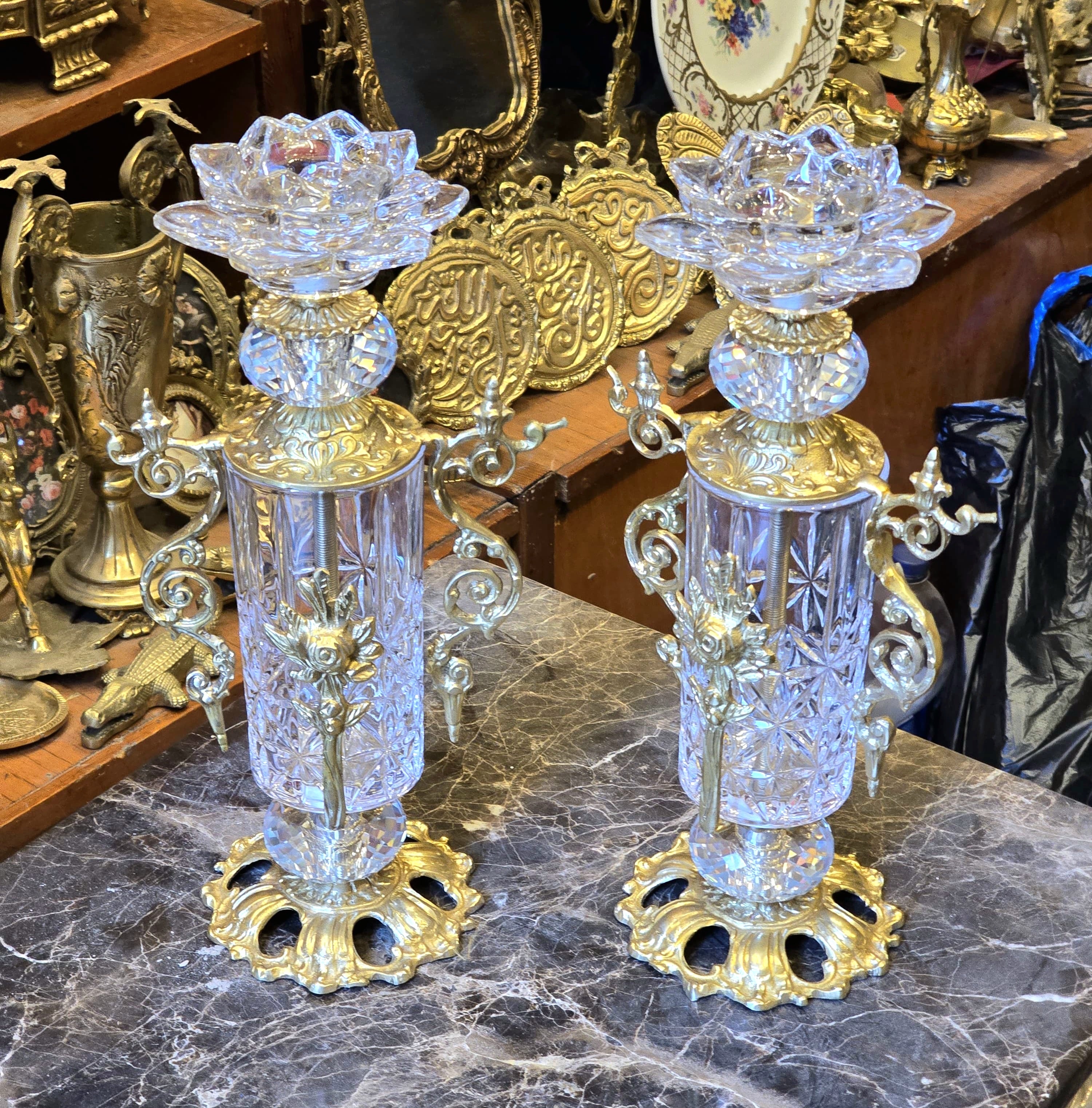 Luxury Brass and Crystal Candlestick Decorative Accent