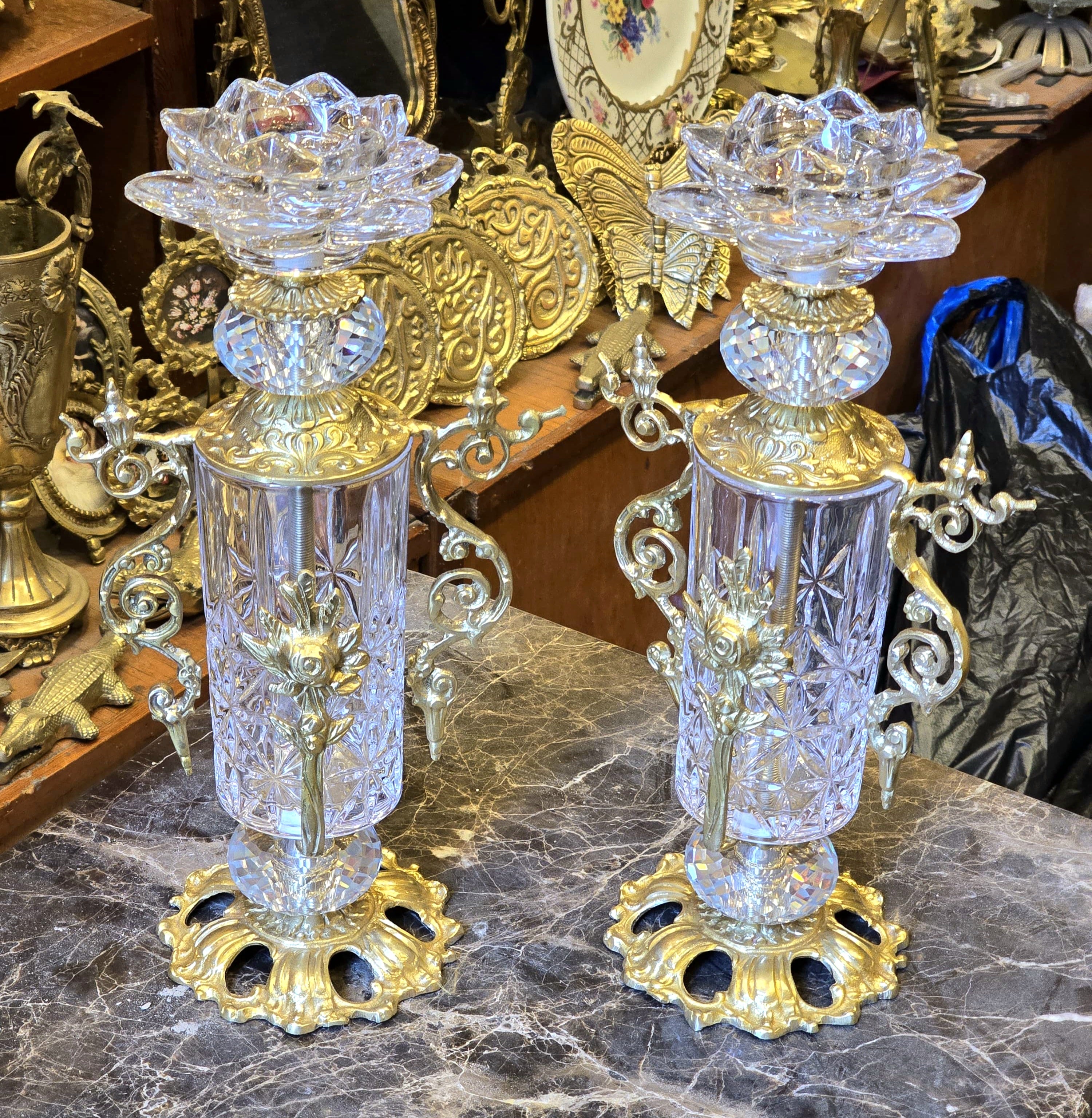 Luxury Brass and Crystal Candlestick Decorative Accent