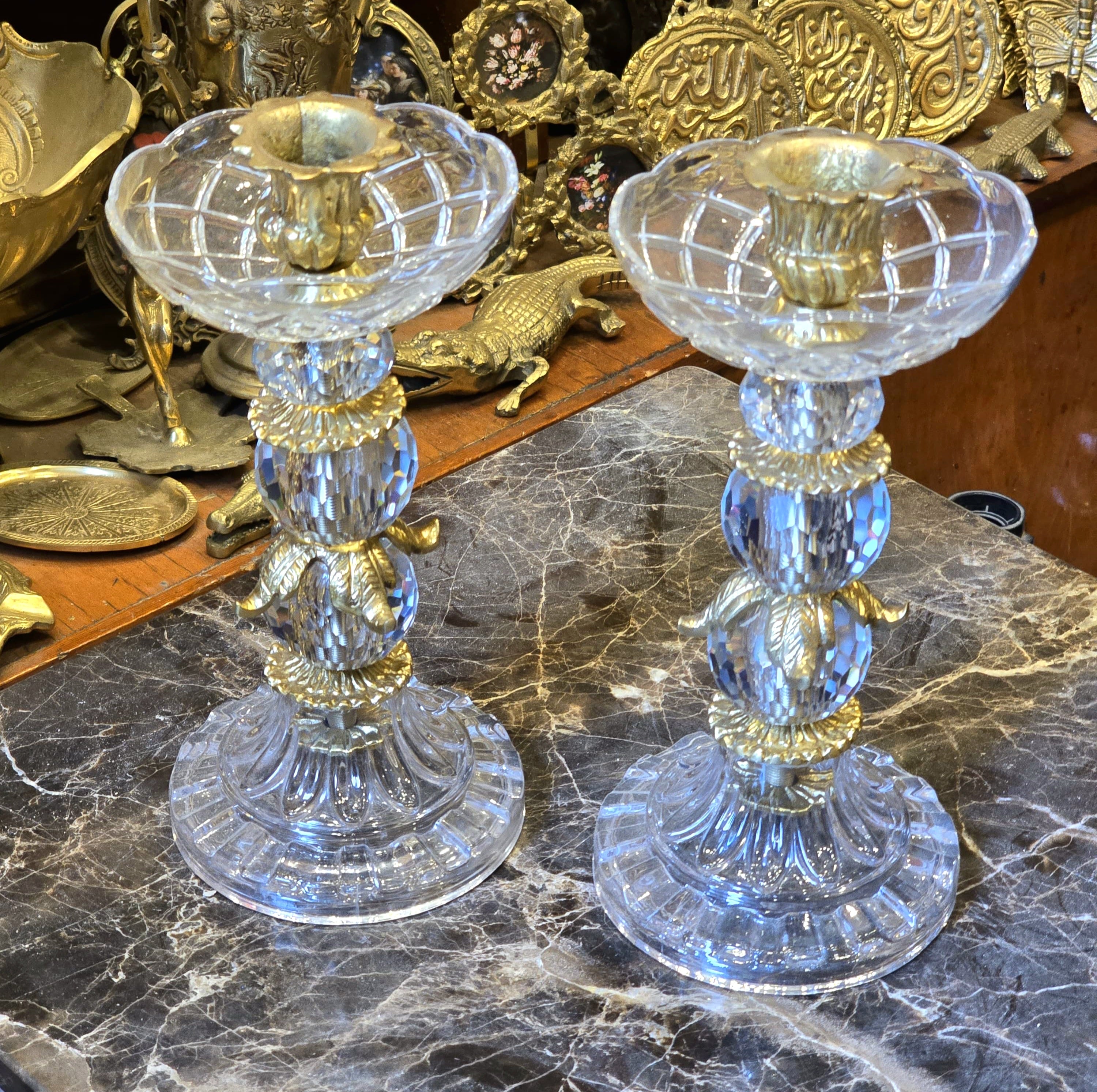 Elegant Brass Base Crystal Candlestick Holder