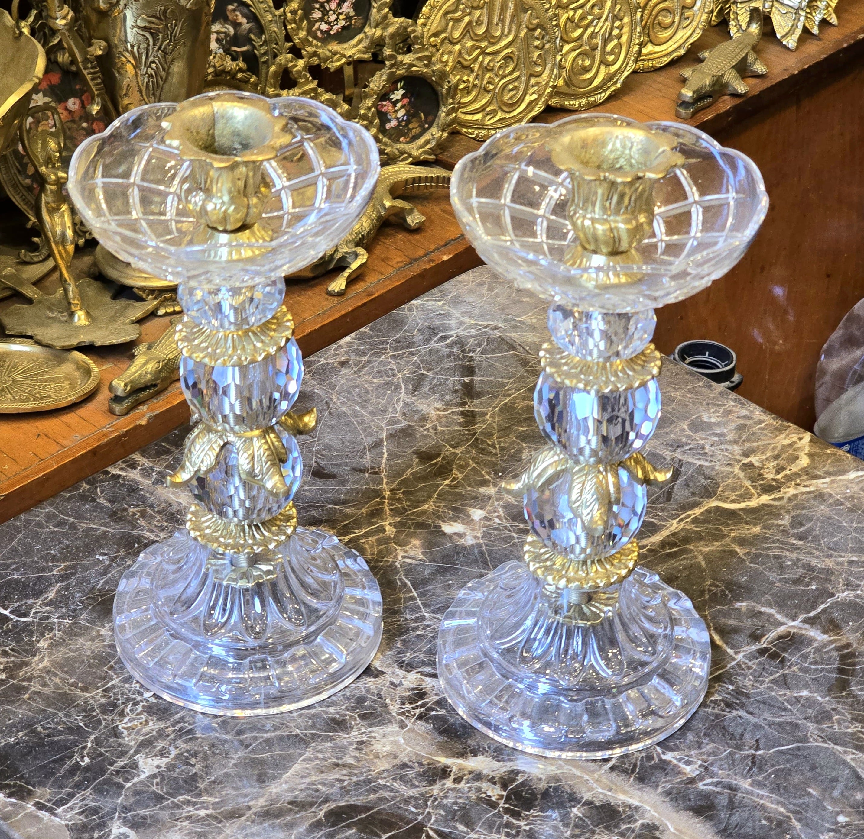 Elegant Brass Base Crystal Candlestick Holder