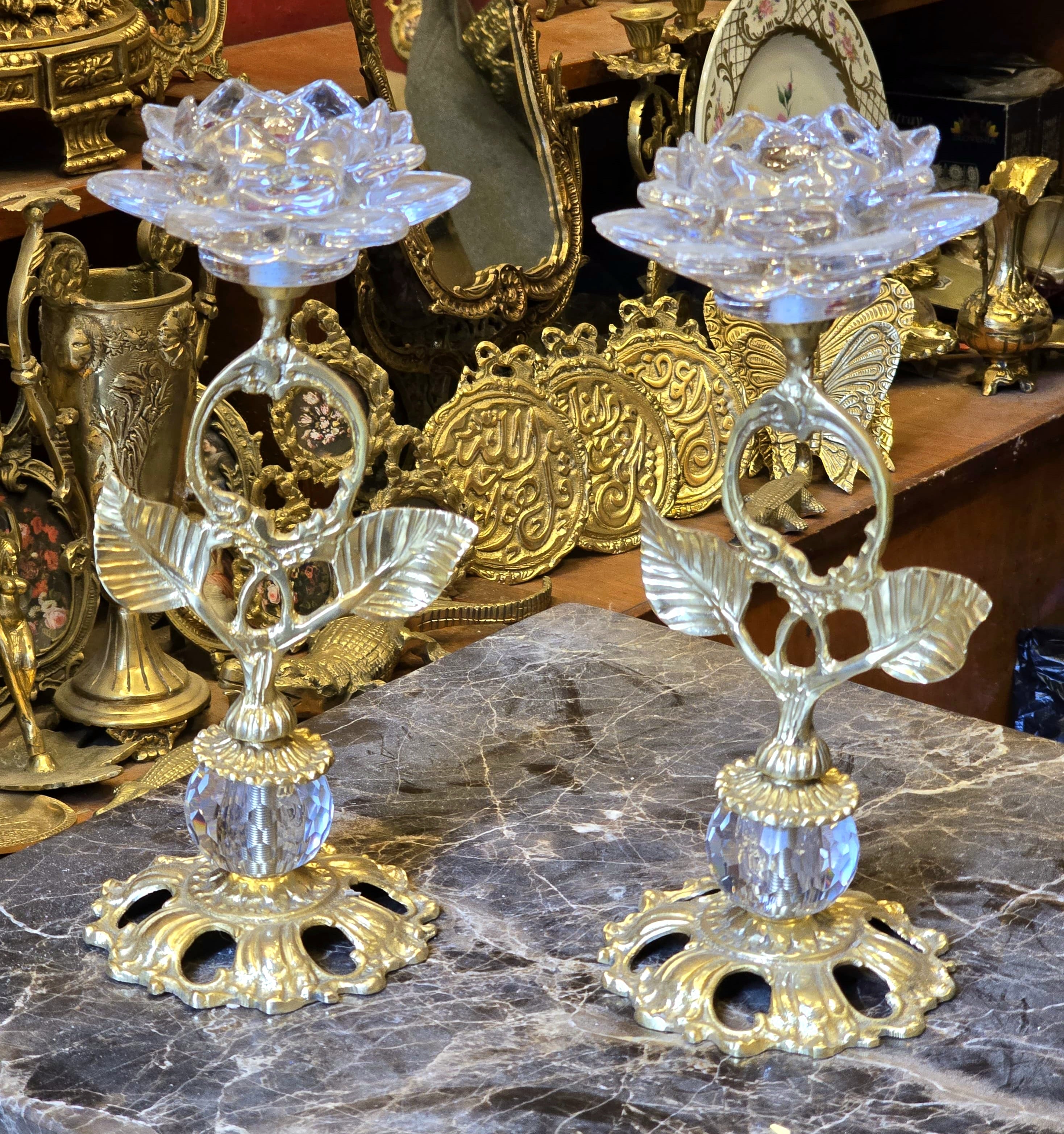 Classic European-Style Brass and Crystal Candlestick Holder