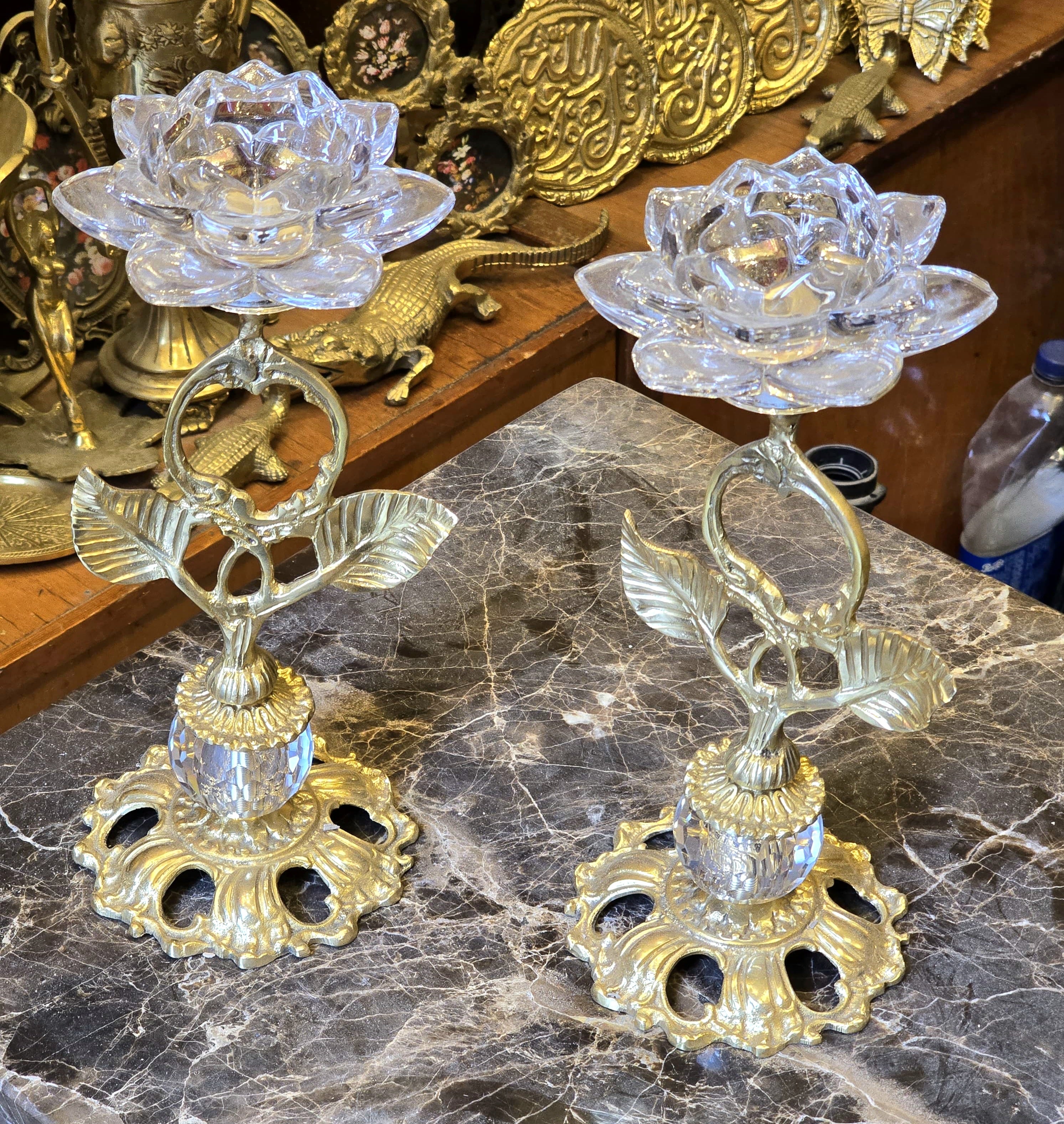 Classic European-Style Brass and Crystal Candlestick Holder
