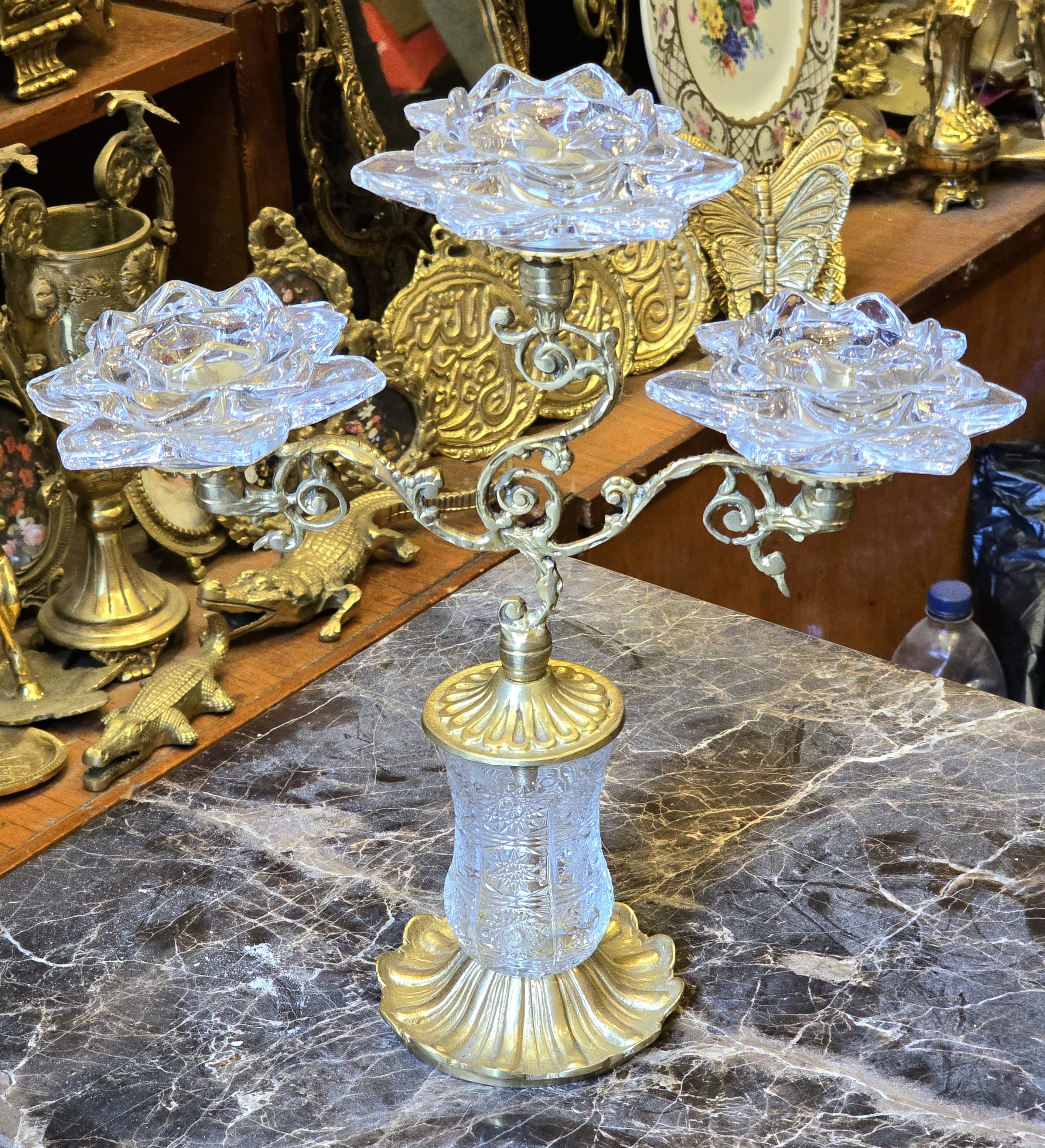 Ornate Brass & Crystal Three-Candle Decorative Holder – Elegant Table Accent