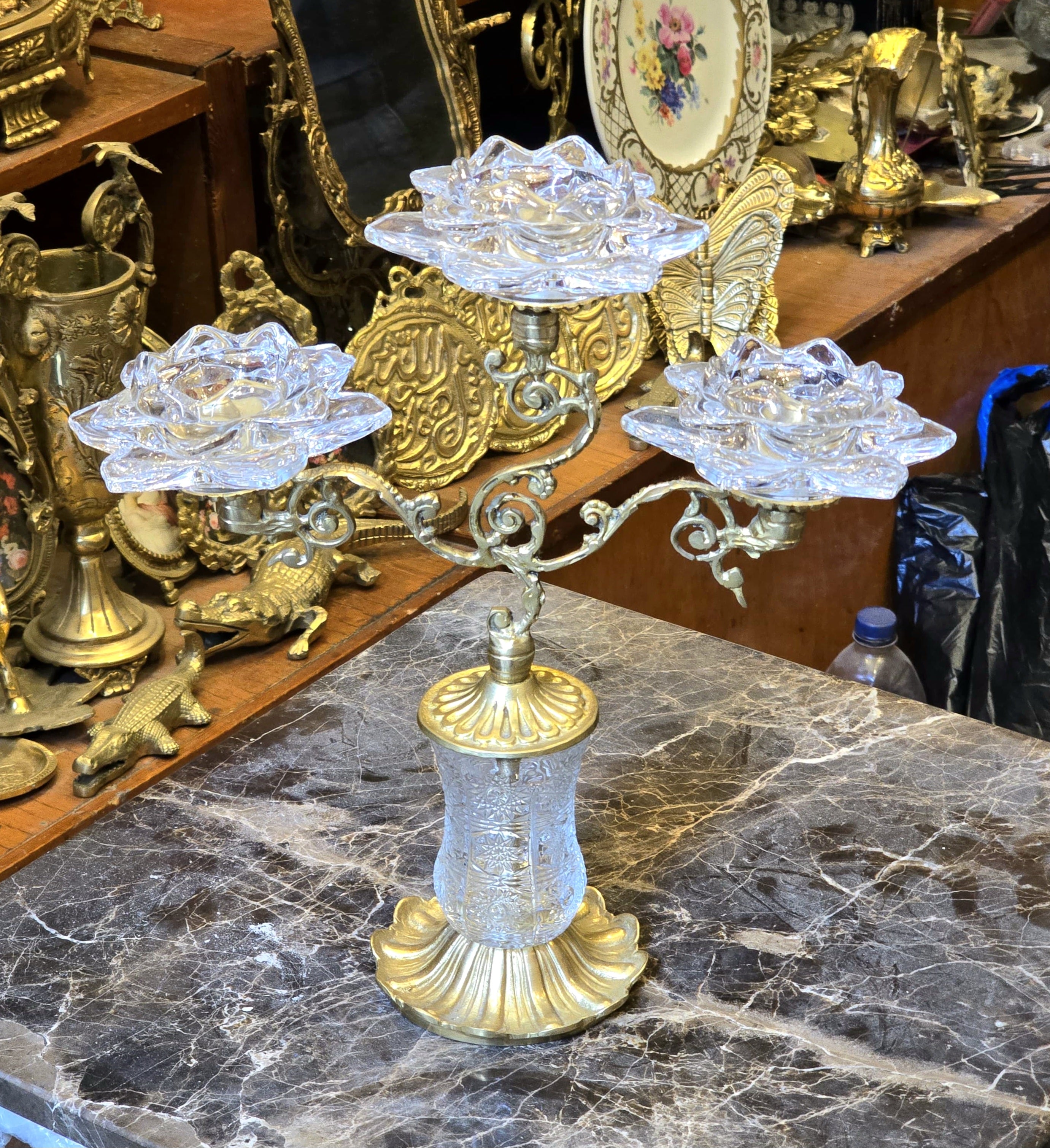 Ornate Brass & Crystal Three-Candle Decorative Holder – Elegant Table Accent