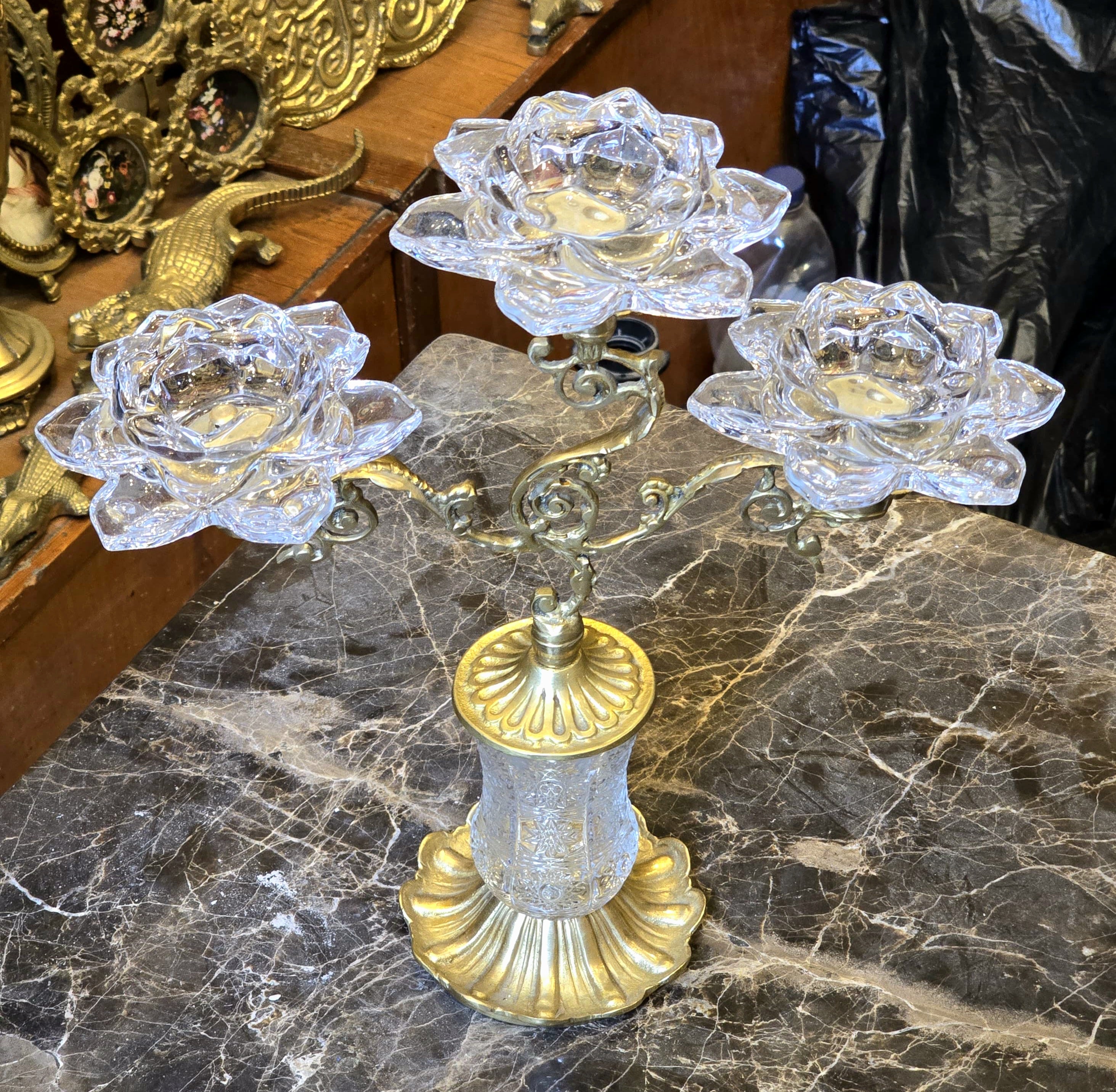Ornate Brass & Crystal Three-Candle Decorative Holder – Elegant Table Accent