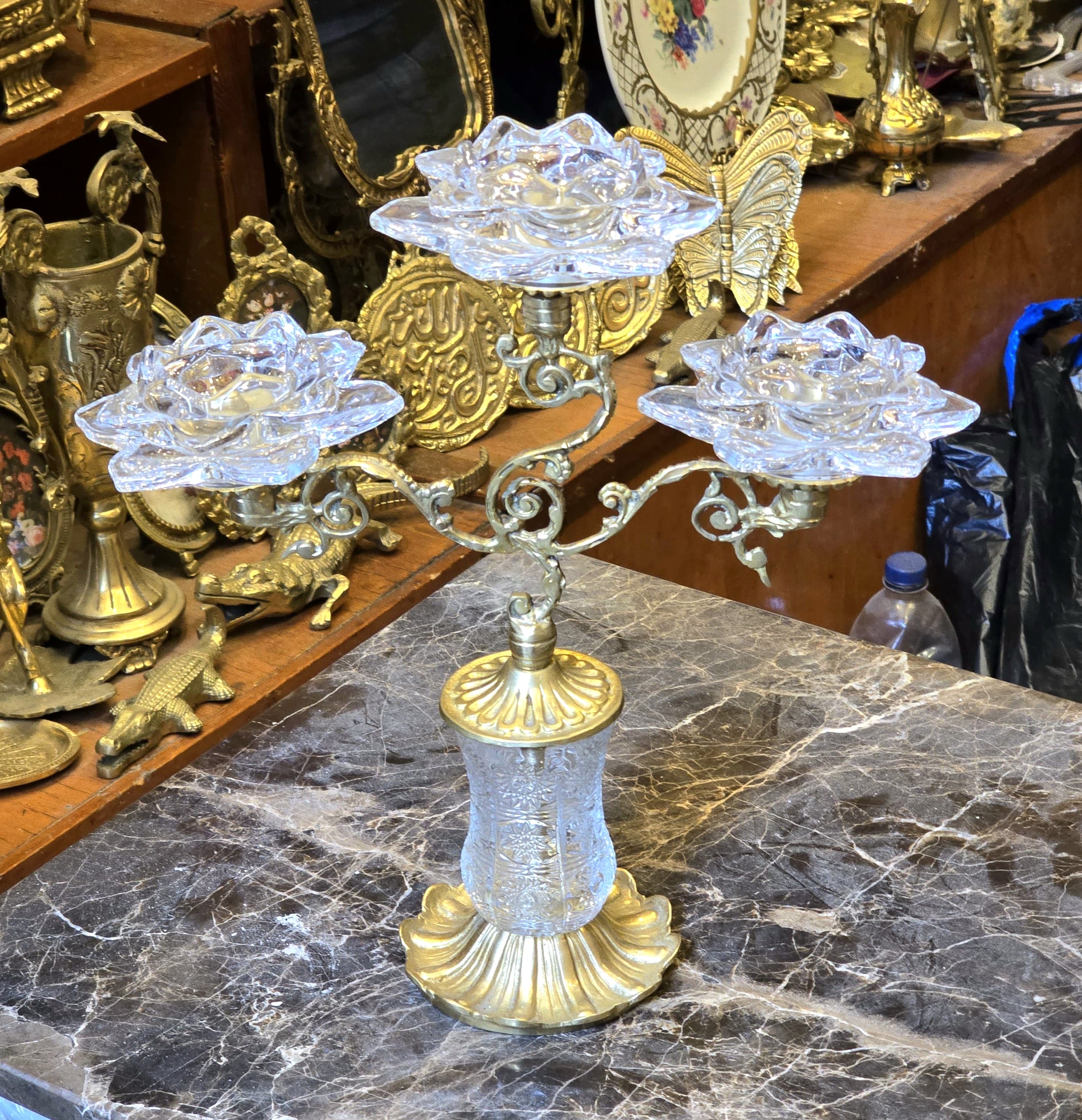 Ornate Brass & Crystal Three-Candle Decorative Holder – Elegant Table Accent