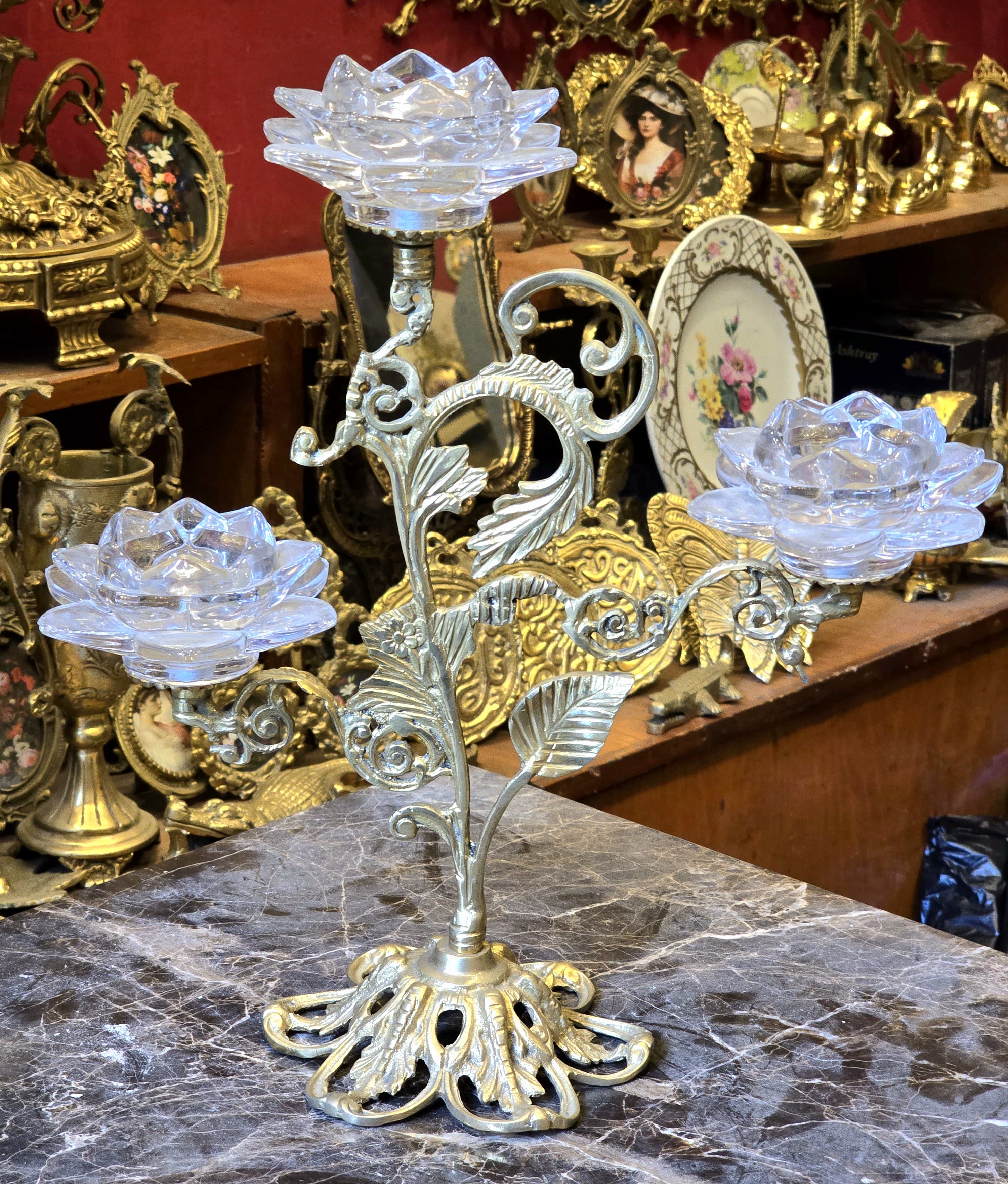 Luxury Brass & Crystal Triple-Candle Decorative Table Accent