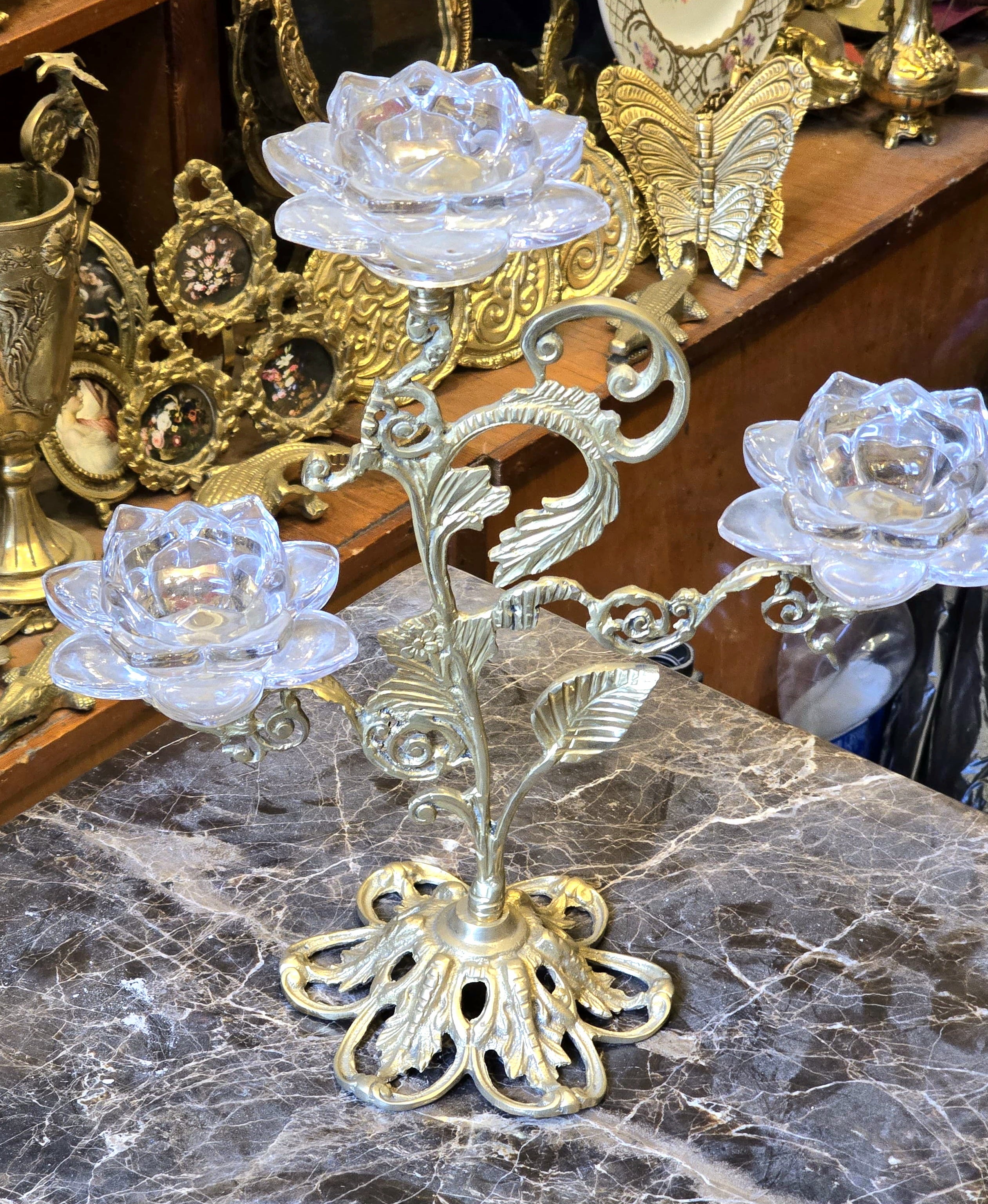 Luxury Brass & Crystal Triple-Candle Decorative Table Accent
