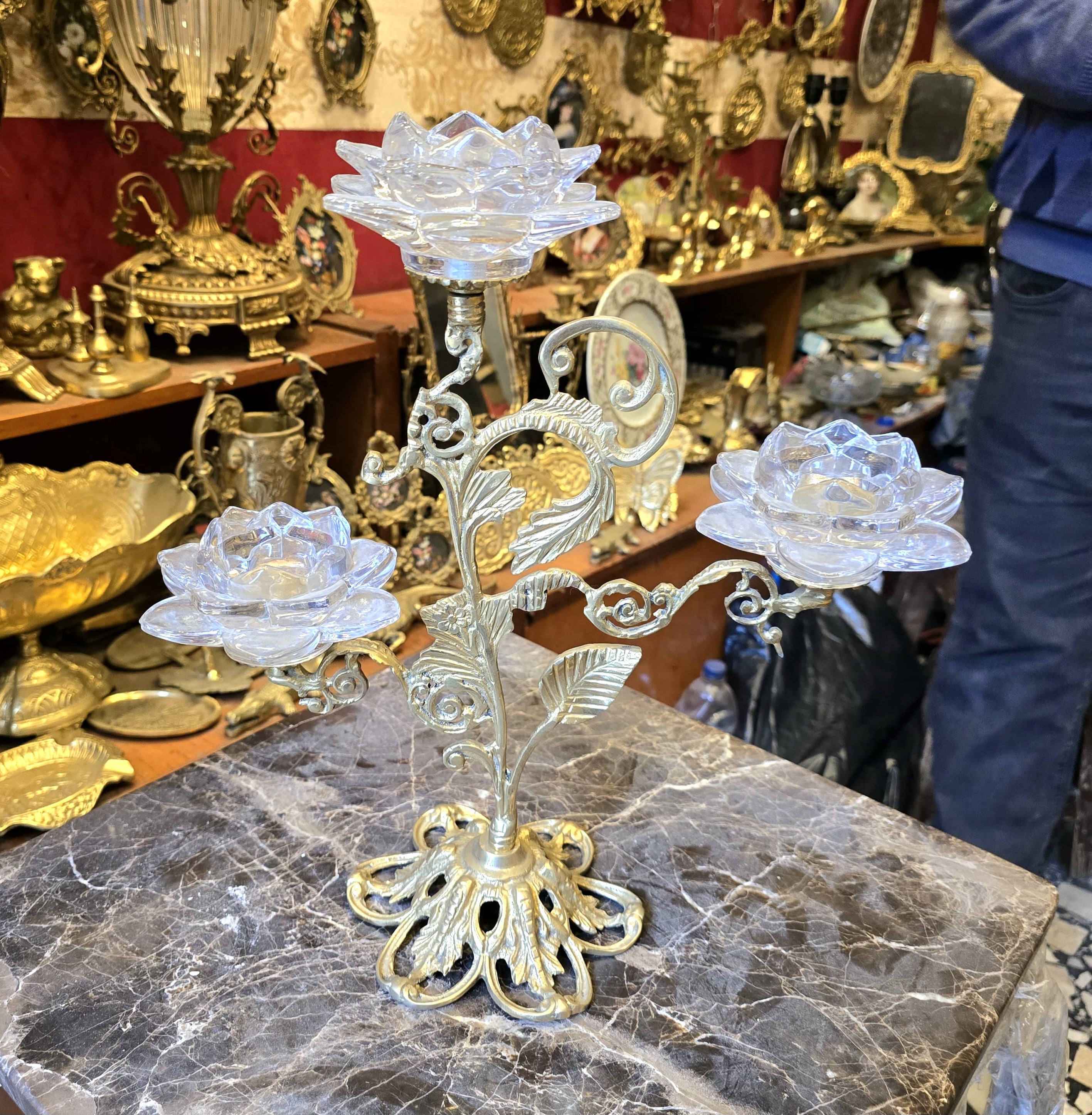 Luxury Brass & Crystal Triple-Candle Decorative Table Accent