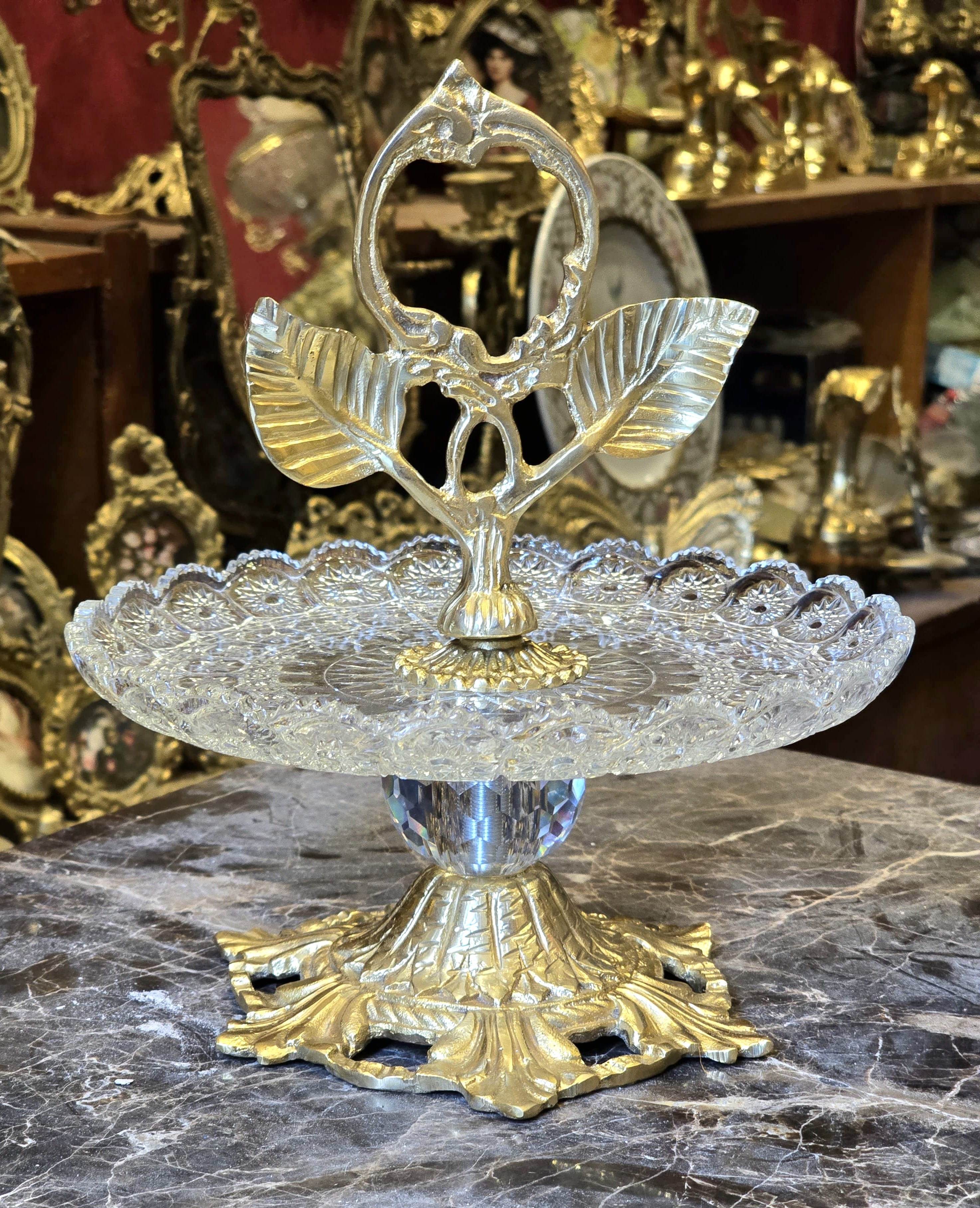 Luxury Brass & Crystal Pedestal Serving Stand – Elegant Entertaining Accent