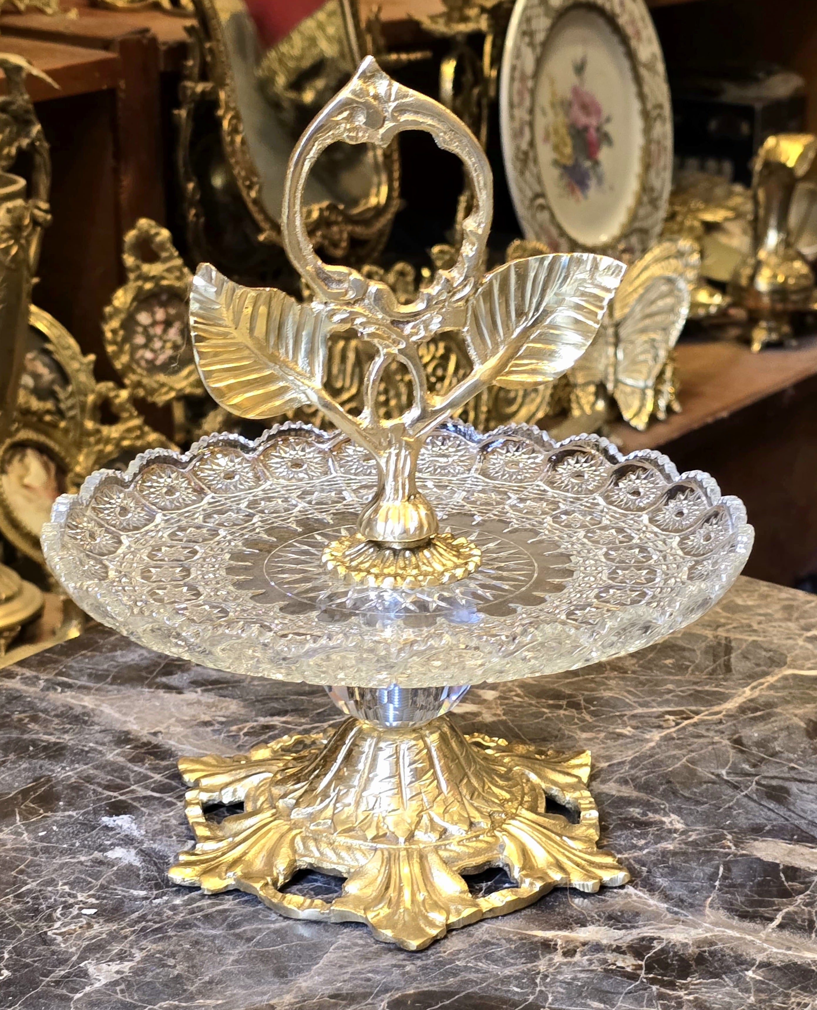 Luxury Brass & Crystal Pedestal Serving Stand – Elegant Entertaining Accent