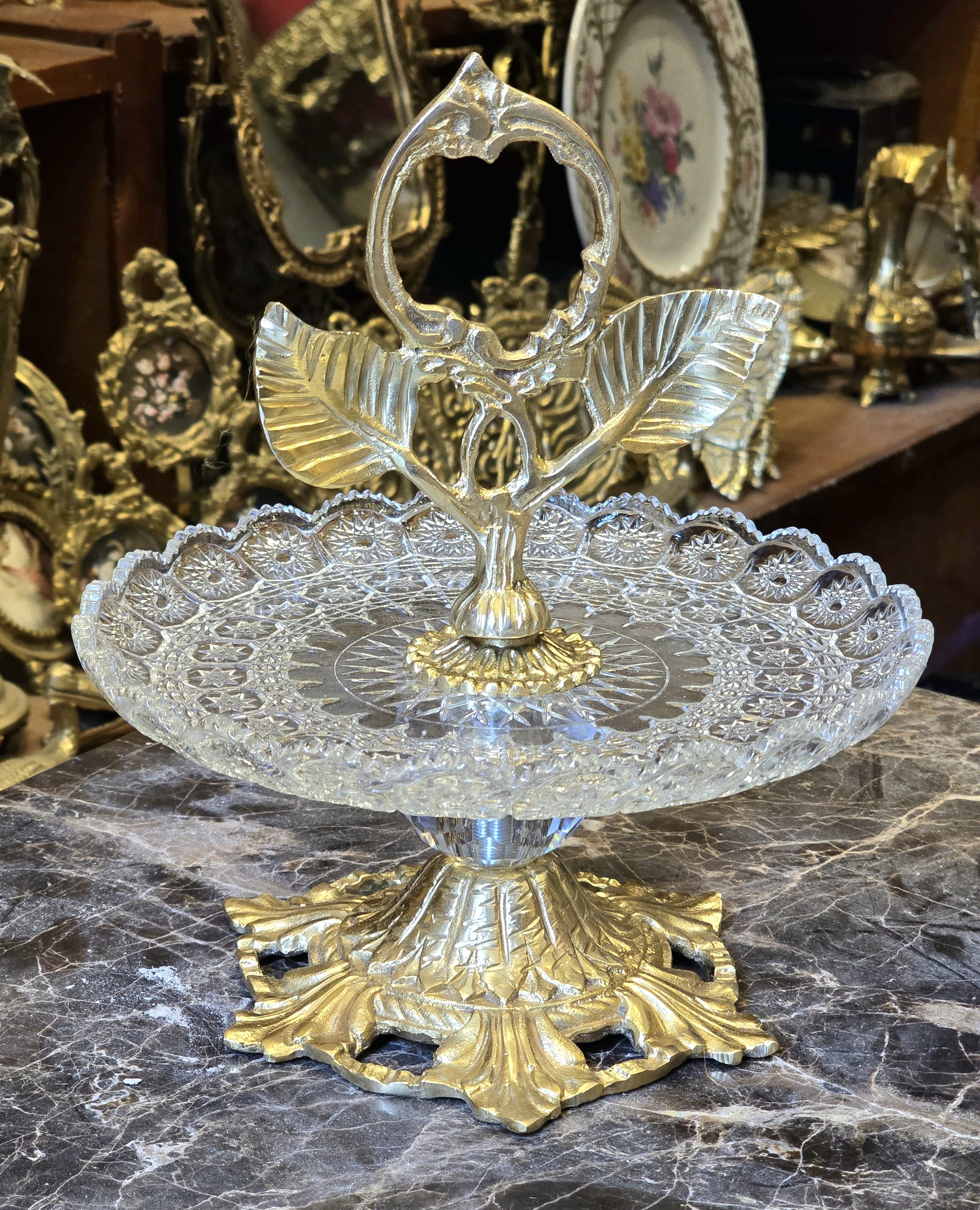 Luxury Brass & Crystal Pedestal Serving Stand – Elegant Entertaining Accent