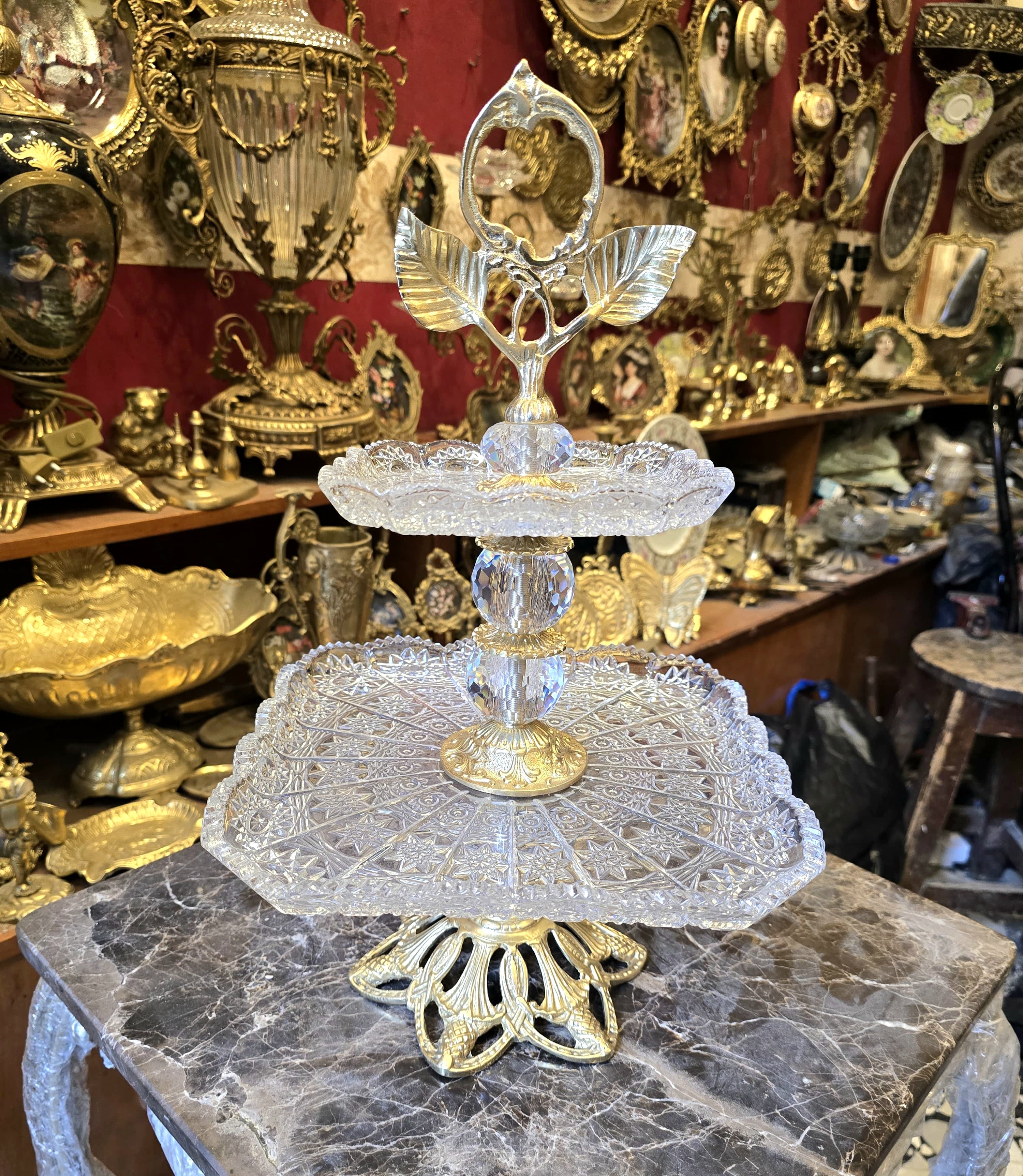Ornate Brass & Crystal Pedestal Tray – Elegant Serving Stand