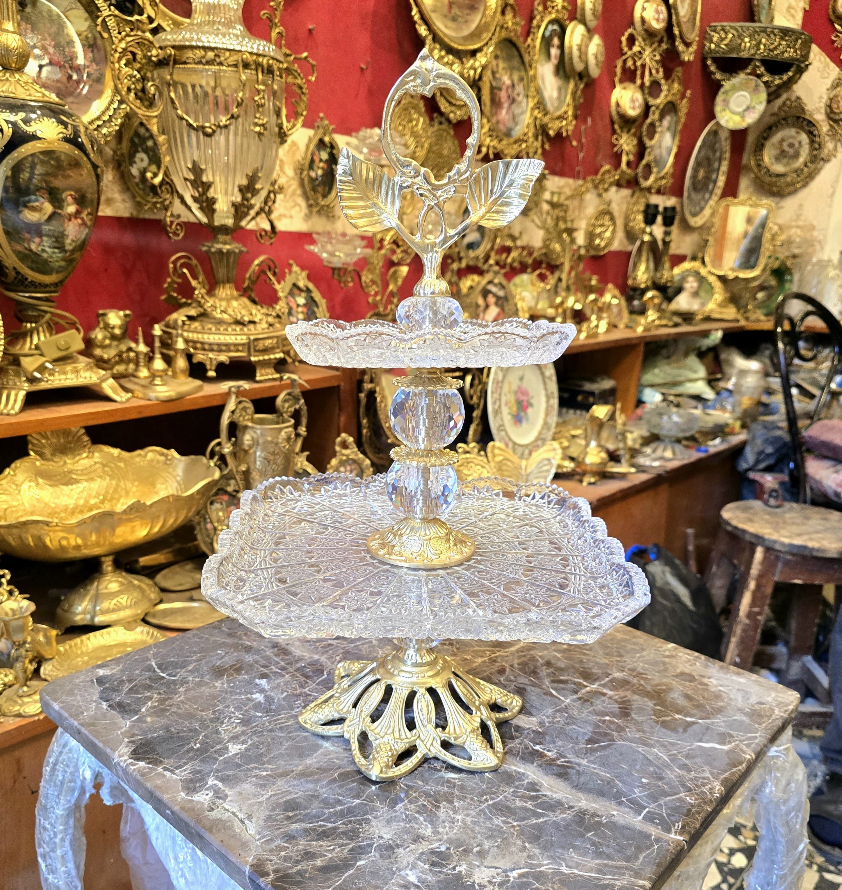 Ornate Brass & Crystal Pedestal Tray – Elegant Serving Stand