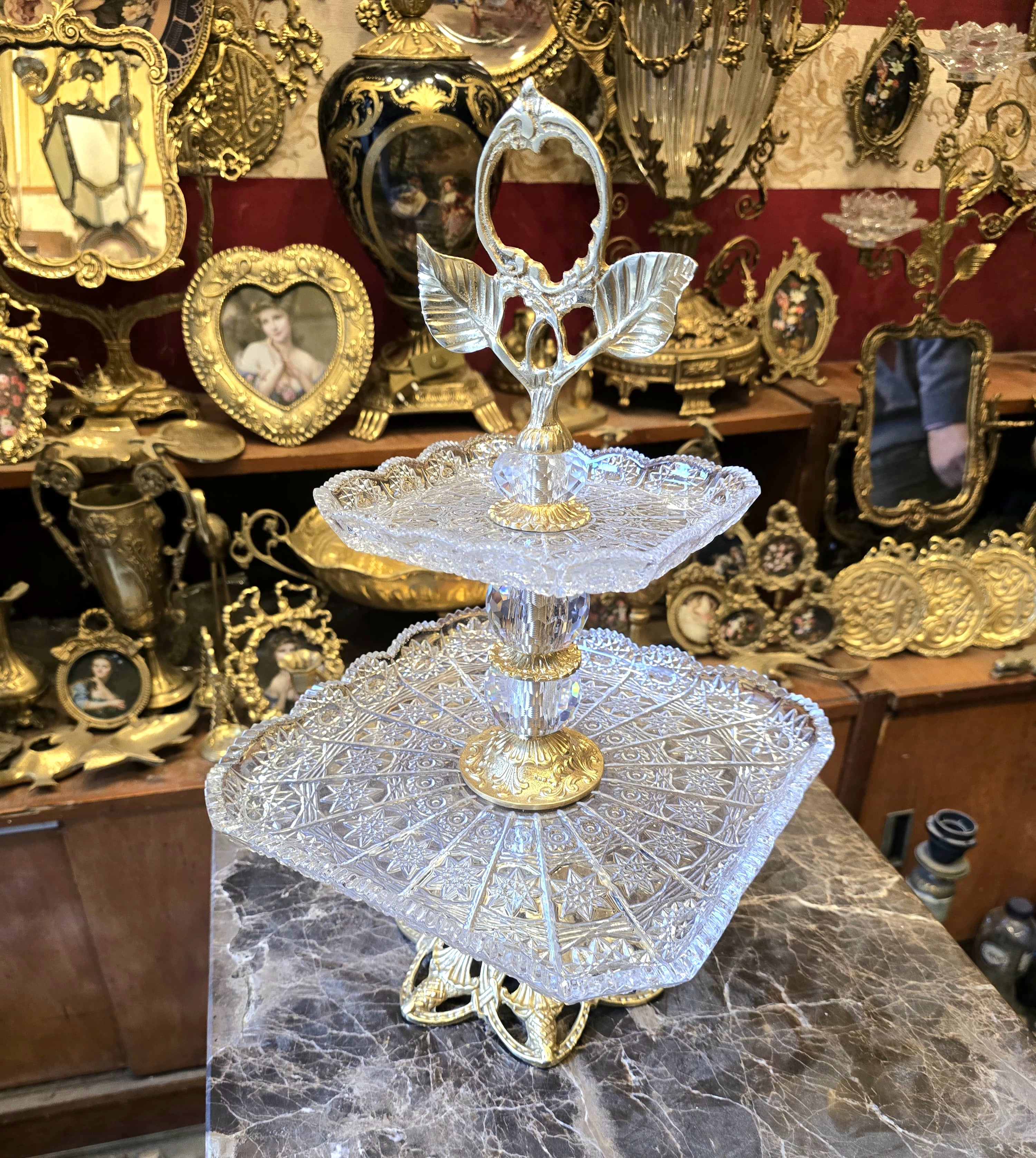 Ornate Brass & Crystal Pedestal Tray – Elegant Serving Stand