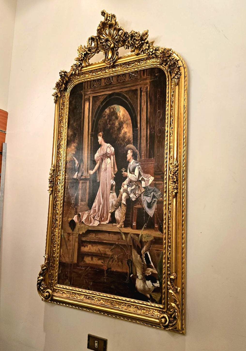 French-Style Romantic Wedding Scene Artwork – Elegant Couple with Ornate Gold Leaf Frame