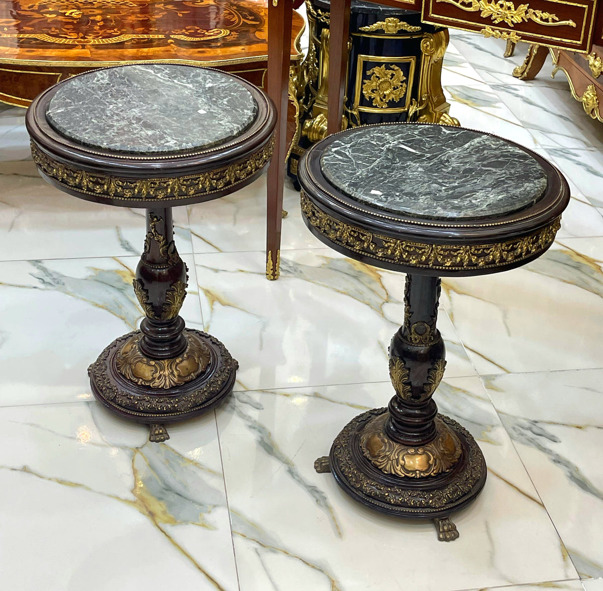 Set of 2 French-Style Round Side Tables – Marble Tops with Hand-Carved Gilded Wood Frames
