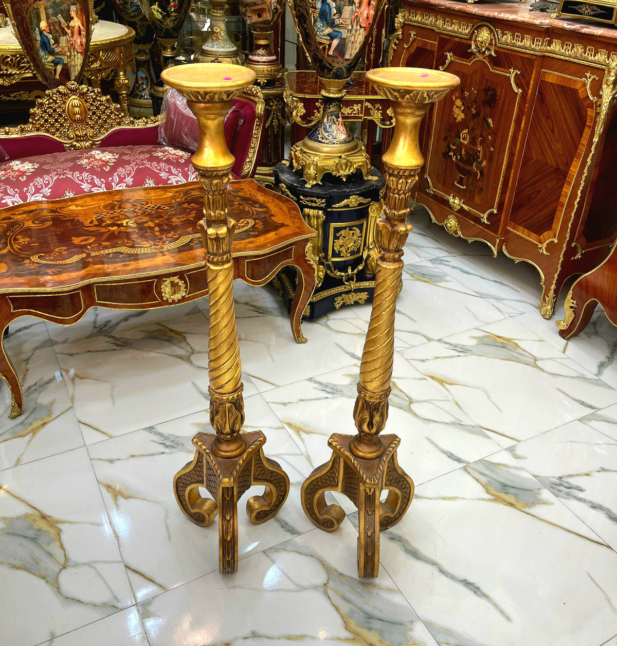Pair of Sculptural Gilded Pedestals – Gold Leaf Finish with Twisted Columns & Ornate Tripod Bases