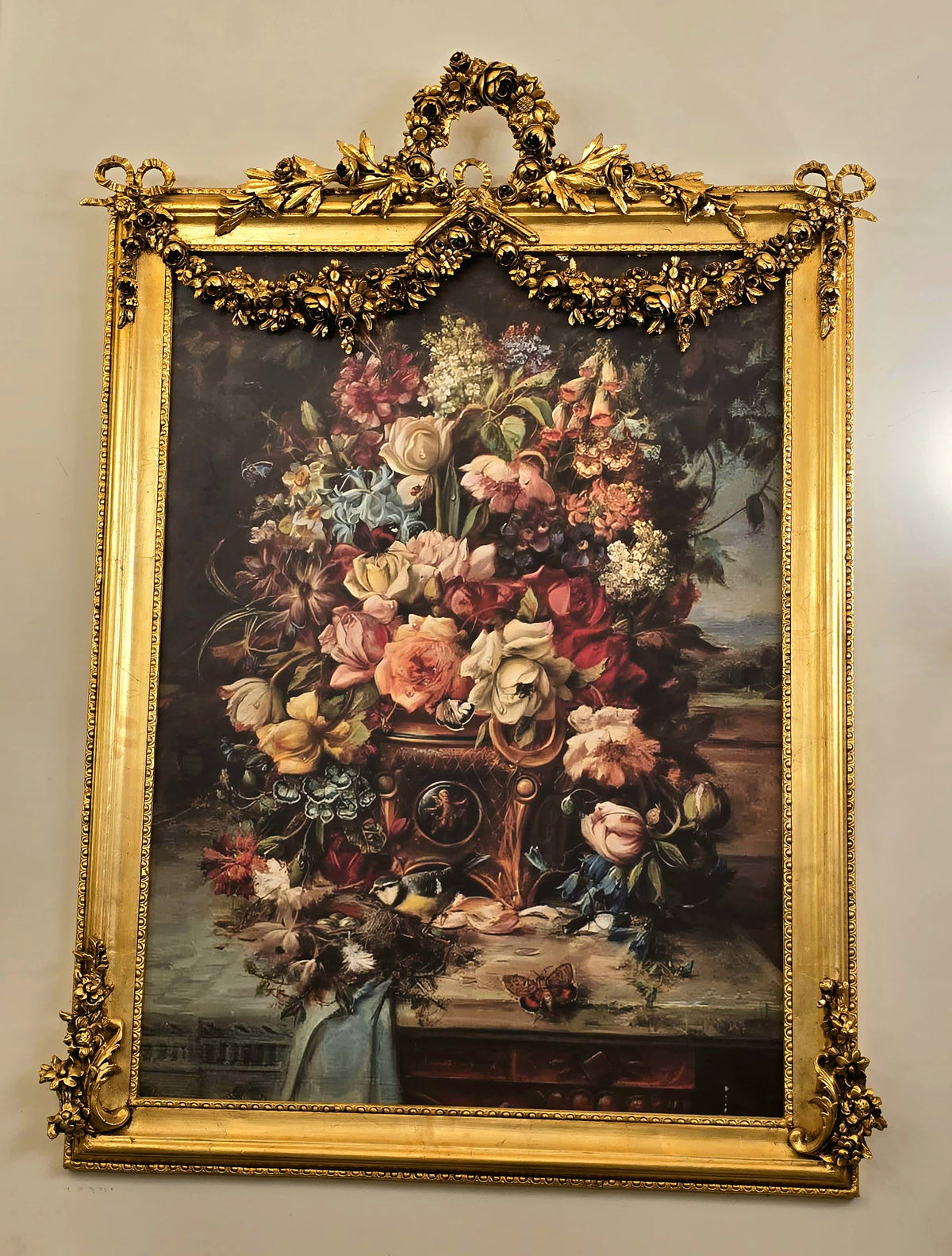 French-Inspired Floral Still Life – Vibrant Botanical Bouquet with an Ornate Gilded Frame
