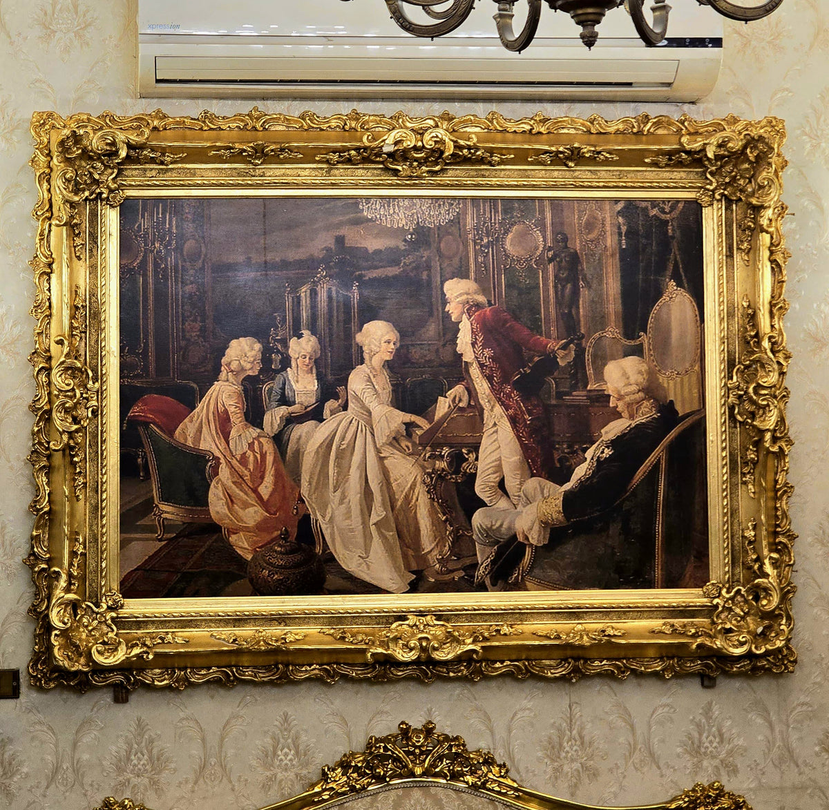Elegant French Rococo Interior Scene – Classical Figures with Ornate Gilded Frame