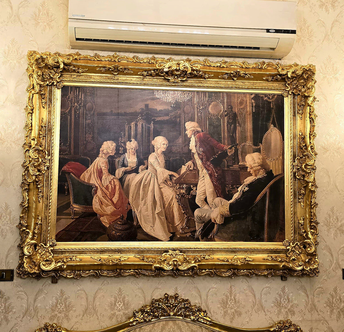 Elegant French Rococo Interior Scene – Classical Figures with Ornate Gilded Frame