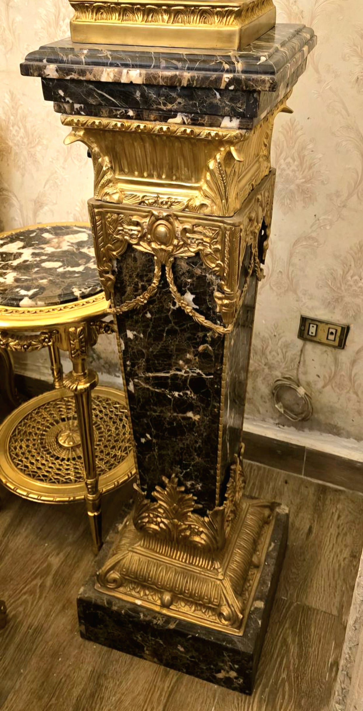 Grand Neoclassical Marble Pedestal – Black Veined Marble, Gilded Wood & Ornate Bronze Details
