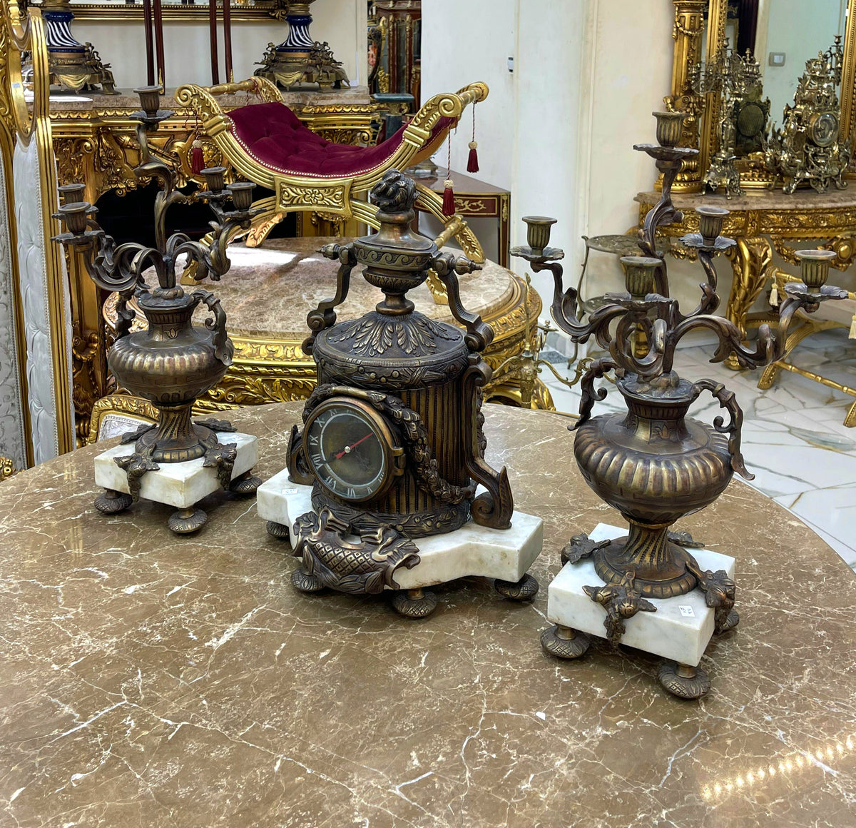 French-Style Bronze Mantel Clock & Candelabra Set – 3-Piece Gilded Decor with White Marble Bases