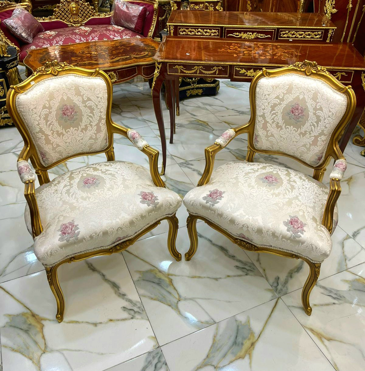 French Louis XVI-Inspired Armchair – Gold Leaf Carved Frame with Floral Damask Upholstery