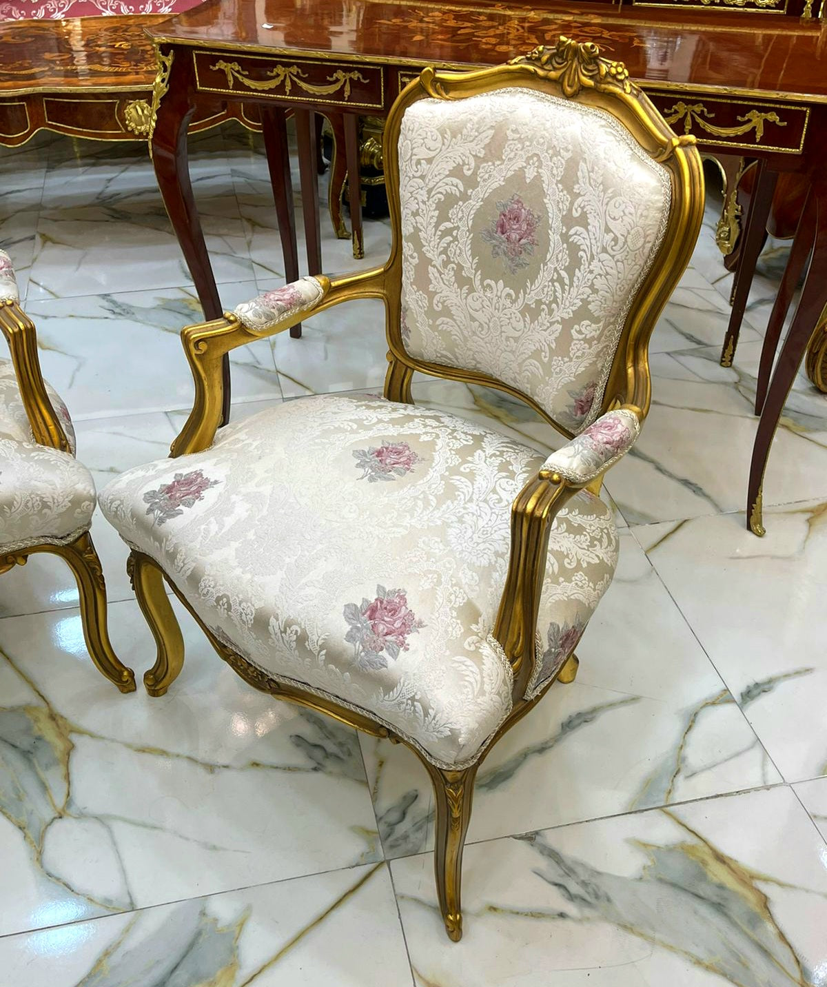 French Louis XVI-Inspired Armchair – Gold Leaf Carved Frame with Floral Damask Upholstery