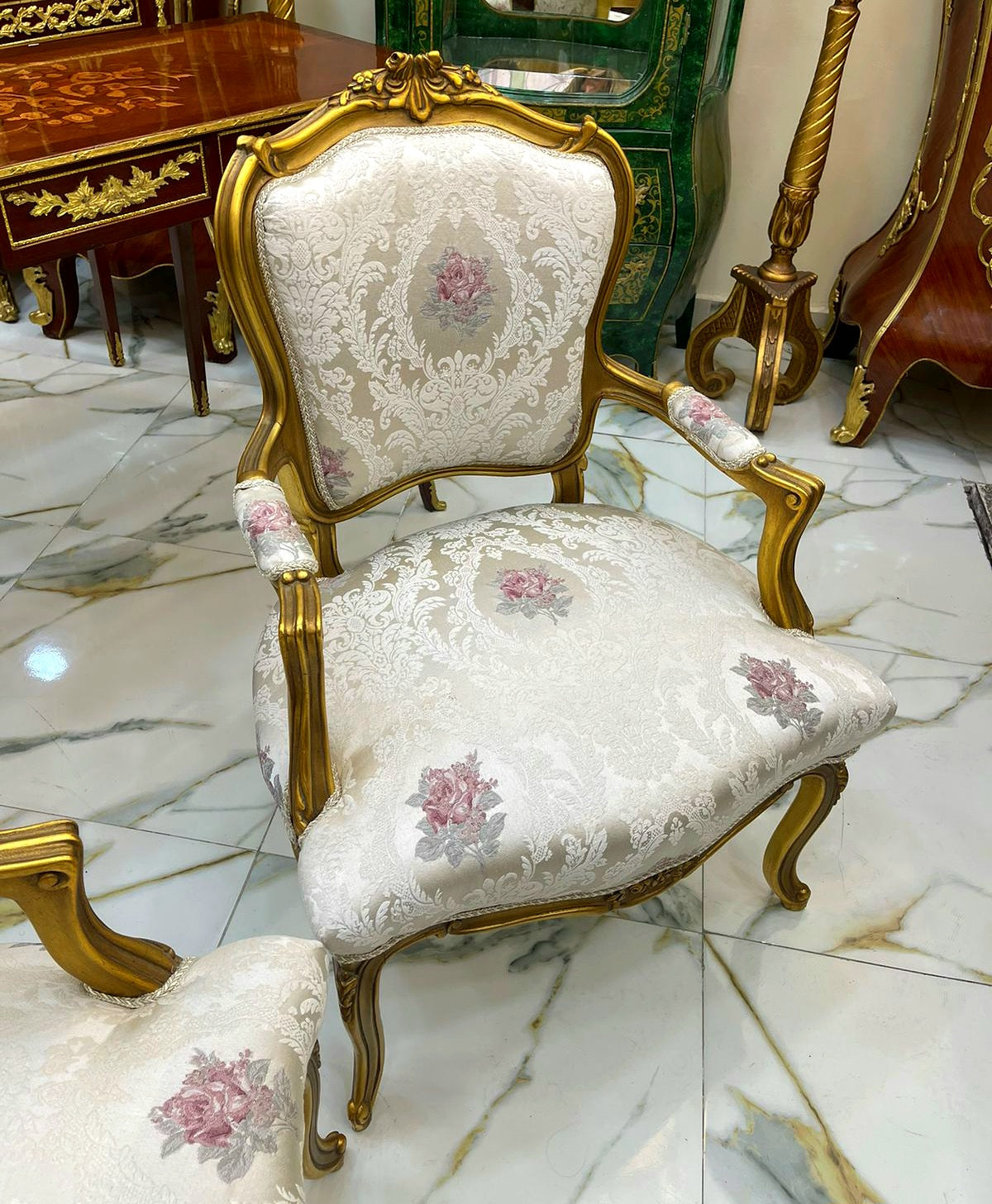 French Louis XVI-Inspired Armchair – Gold Leaf Carved Frame with Floral Damask Upholstery