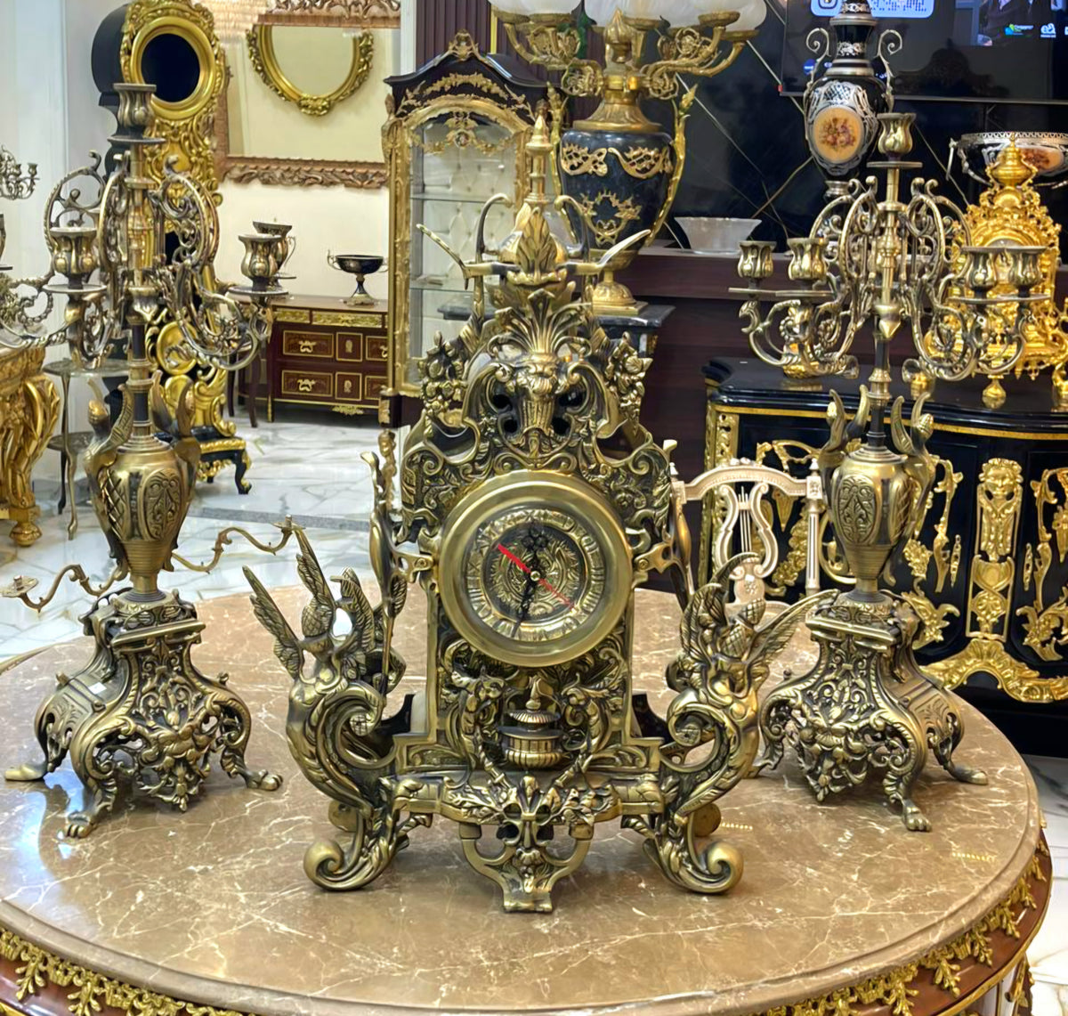 Ornate French-Style Dark Bronze Clock Set – Decorative Mantel Clock & Matching Candelabras