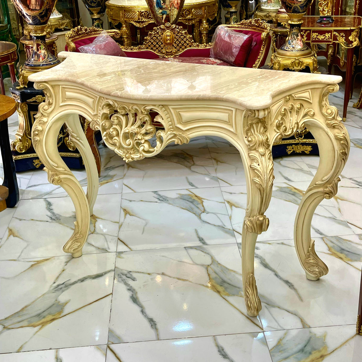French-Style Console Table – Off-White Finish, Light Marble Top & Ornate Gold Leaf Details