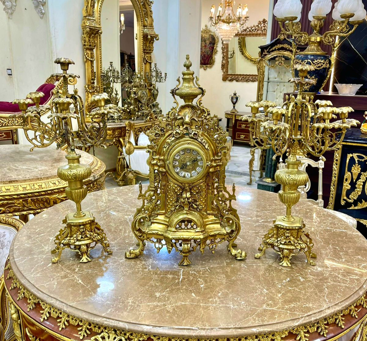 Elegant French Gilded Clock Set – Ornate Mantel Clock with Matching Candleholders